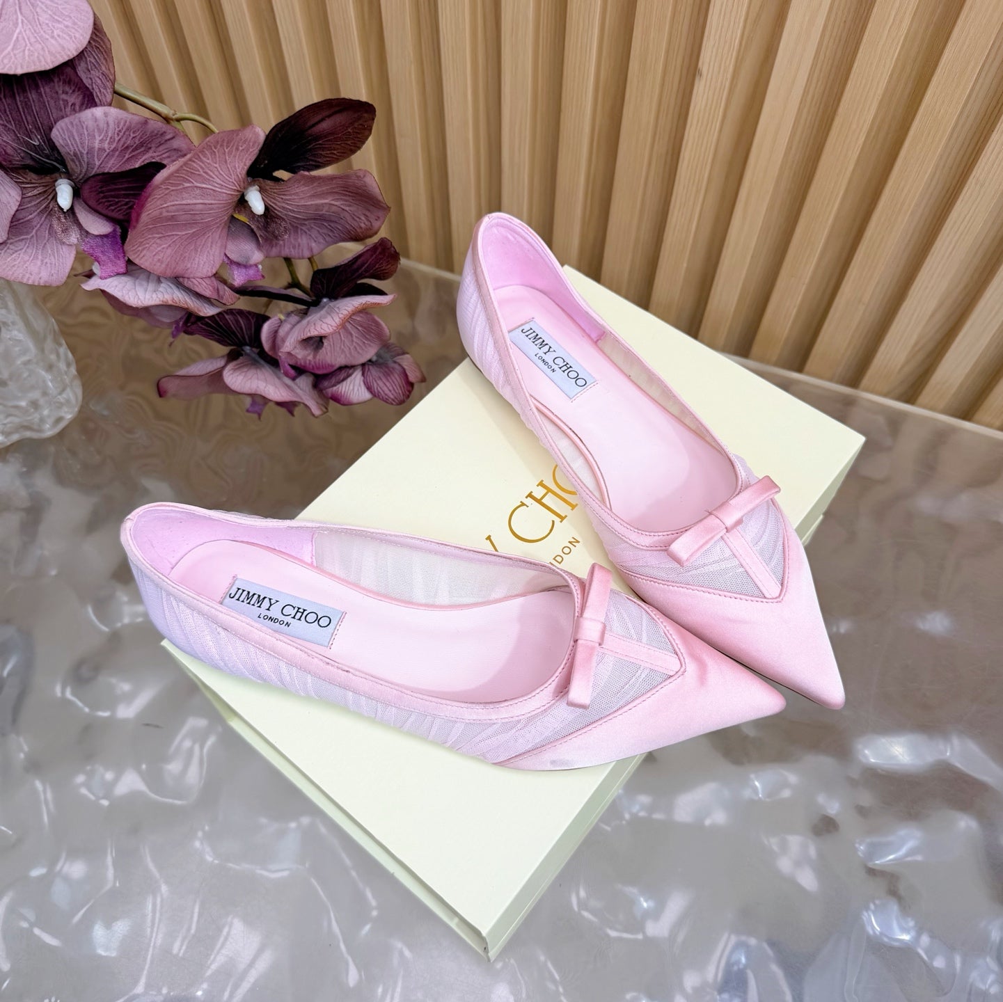 БАЛЕТКИ JIMMY CHOO 26S ЗІ СВІТЛО-РОЖЕВОЇ СІТКИ ТА АТЛАСУ