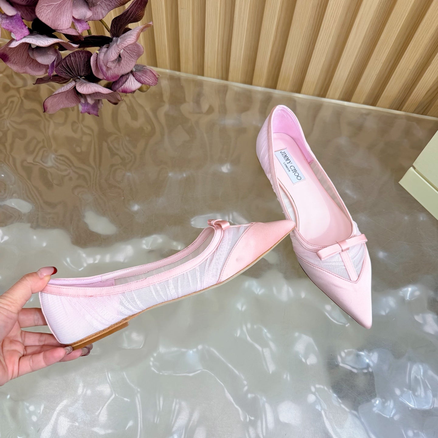 БАЛЕТКИ JIMMY CHOO 26S ЗІ СВІТЛО-РОЖЕВОЇ СІТКИ ТА АТЛАСУ