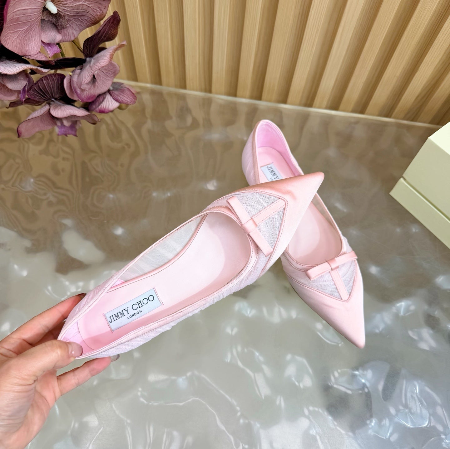 БАЛЕТКИ JIMMY CHOO 26S ЗІ СВІТЛО-РОЖЕВОЇ СІТКИ ТА АТЛАСУ