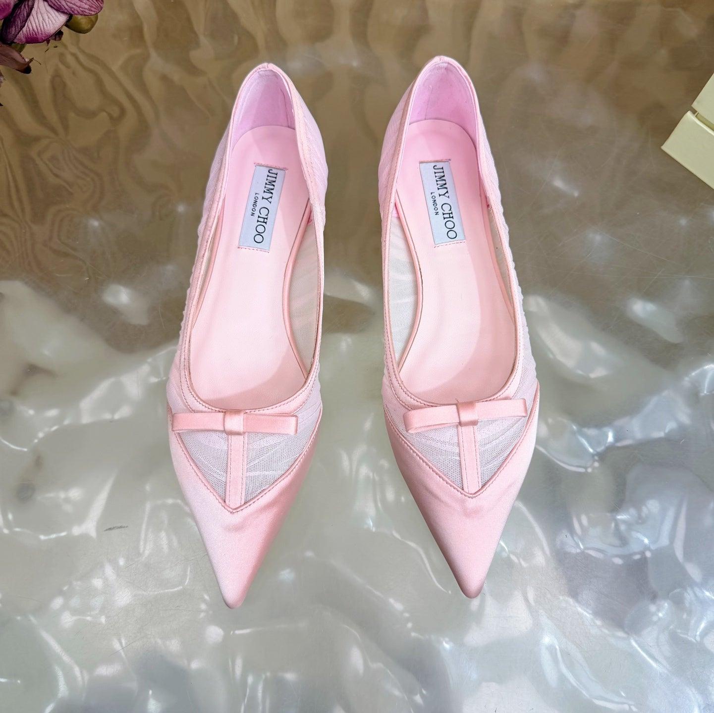 БАЛЕТКИ JIMMY CHOO 26S ЗІ СВІТЛО-РОЖЕВОЇ СІТКИ ТА АТЛАСУ