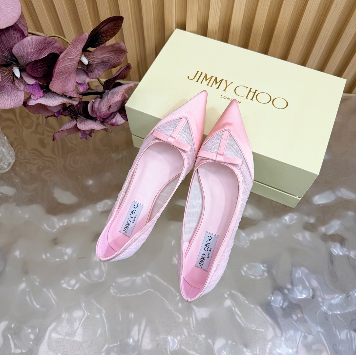 БАЛЕТКИ JIMMY CHOO 26S ЗІ СВІТЛО-РОЖЕВОЇ СІТКИ ТА АТЛАСУ