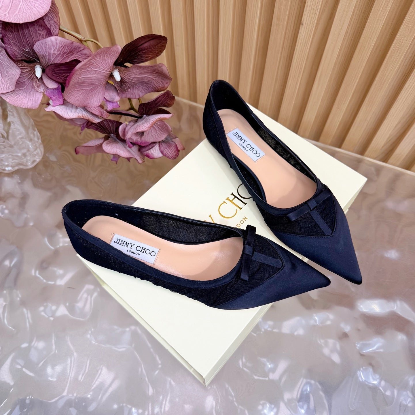 БАЛЕТКИ JIMMY CHOO 26S З ЧОРНОЇ СІТКИ ТА АТЛАСУ