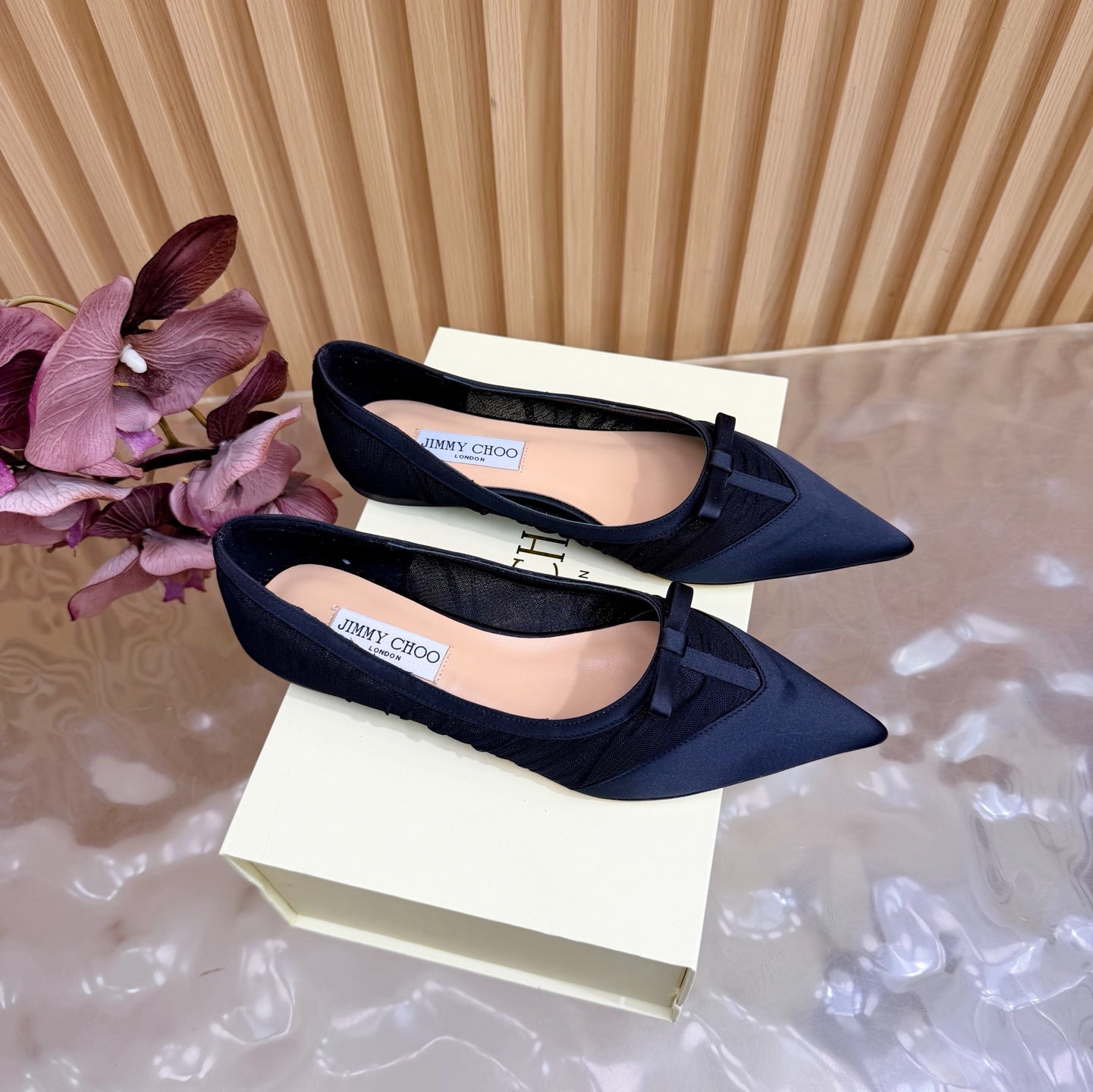 БАЛЕТКИ JIMMY CHOO 26S З ЧОРНОЇ СІТКИ ТА АТЛАСУ