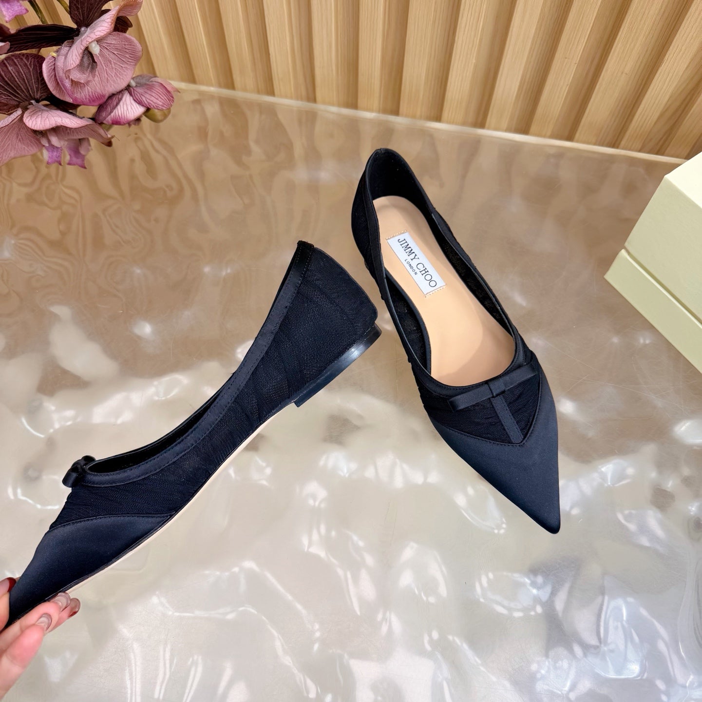 БАЛЕТКИ JIMMY CHOO 26S З ЧОРНОЇ СІТКИ ТА АТЛАСУ