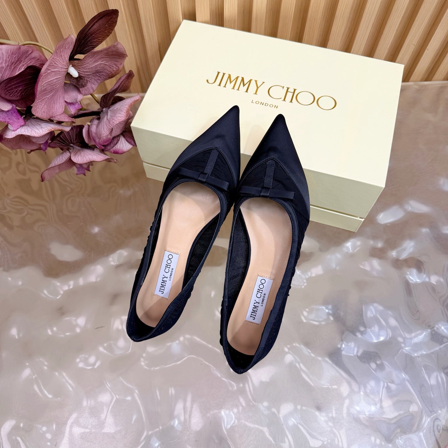 БАЛЕТКИ JIMMY CHOO 26S З ЧОРНОЇ СІТКИ ТА АТЛАСУ