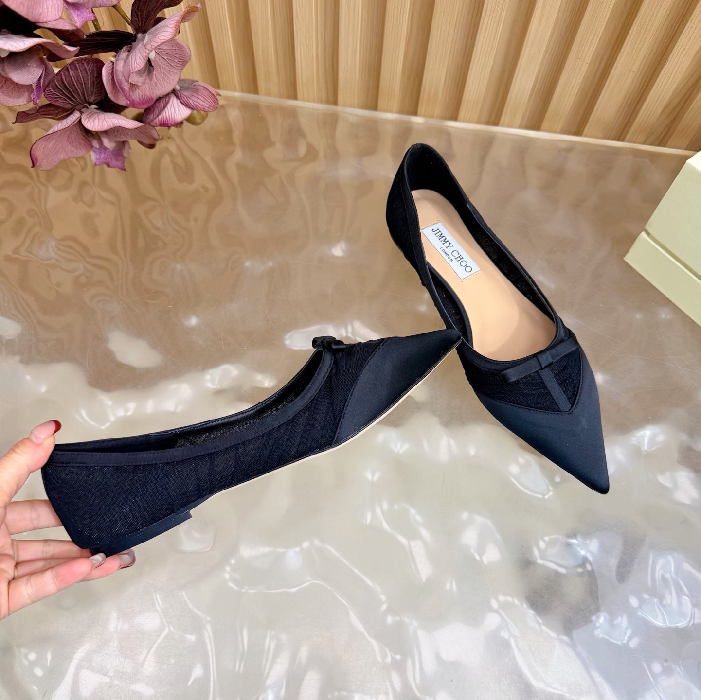 БАЛЕТКИ JIMMY CHOO 26S З ЧОРНОЇ СІТКИ ТА АТЛАСУ