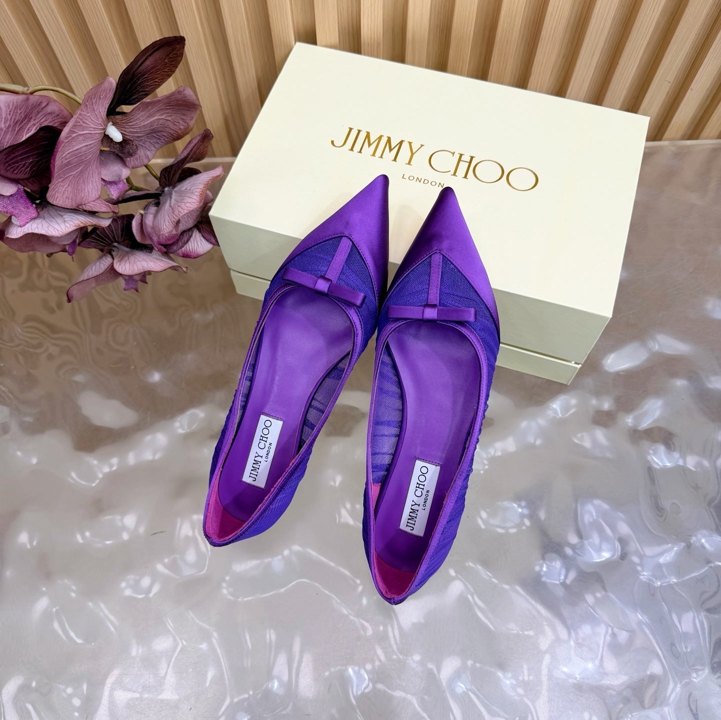 БАЛЕТКИ JIMMY CHOO 26S З ТЕМНО-ФІОЛЕТОВОГО МЕРЕЖИВА ТА АТЛАСУ