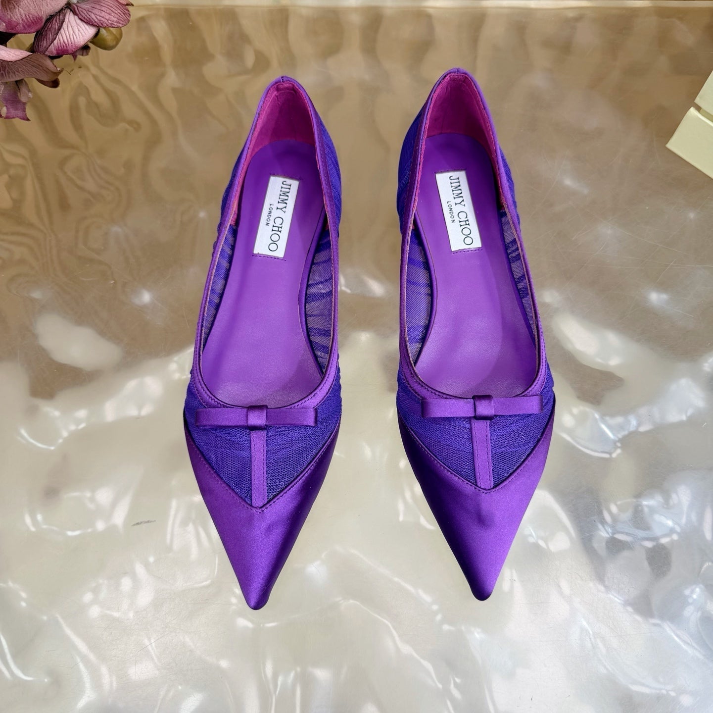 БАЛЕТКИ JIMMY CHOO 26S З ТЕМНО-ФІОЛЕТОВОГО МЕРЕЖИВА ТА АТЛАСУ