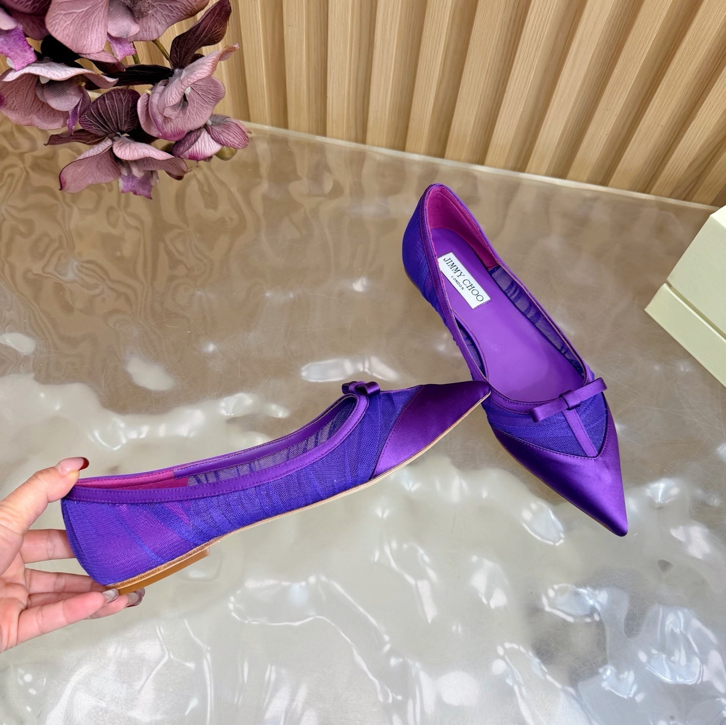 БАЛЕТКИ JIMMY CHOO 26S З ТЕМНО-ФІОЛЕТОВОГО МЕРЕЖИВА ТА АТЛАСУ
