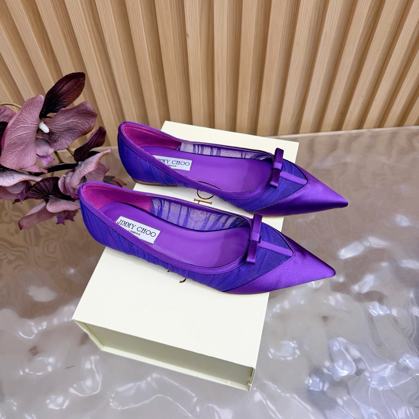 БАЛЕТКИ JIMMY CHOO 26S З ТЕМНО-ФІОЛЕТОВОГО МЕРЕЖИВА ТА АТЛАСУ