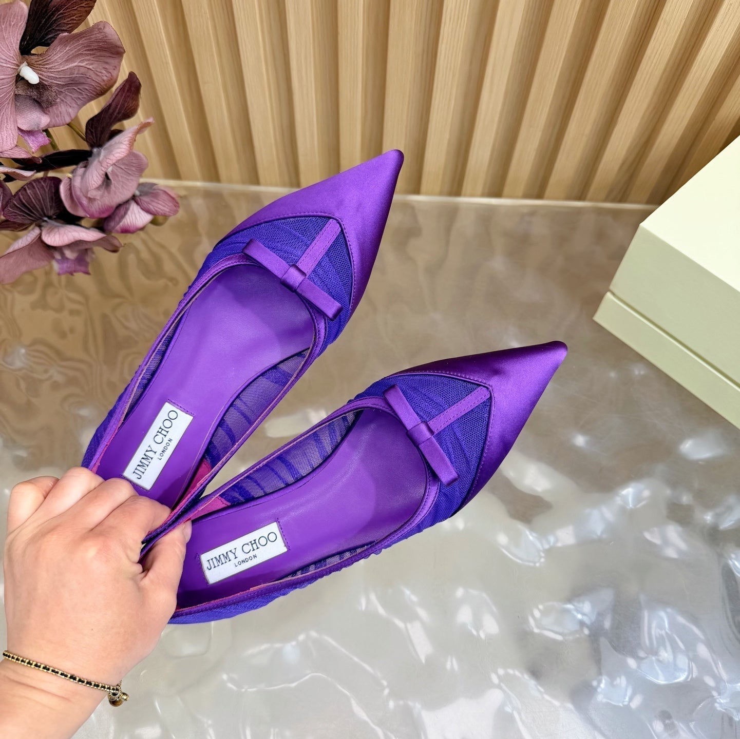 БАЛЕТКИ JIMMY CHOO 26S З ТЕМНО-ФІОЛЕТОВОГО МЕРЕЖИВА ТА АТЛАСУ