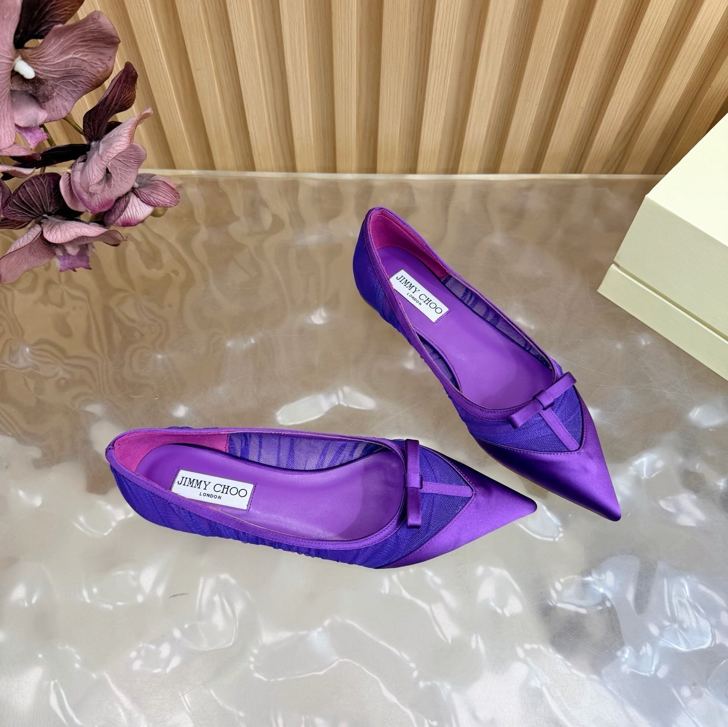 БАЛЕТКИ JIMMY CHOO 26S З ТЕМНО-ФІОЛЕТОВОГО МЕРЕЖИВА ТА АТЛАСУ
