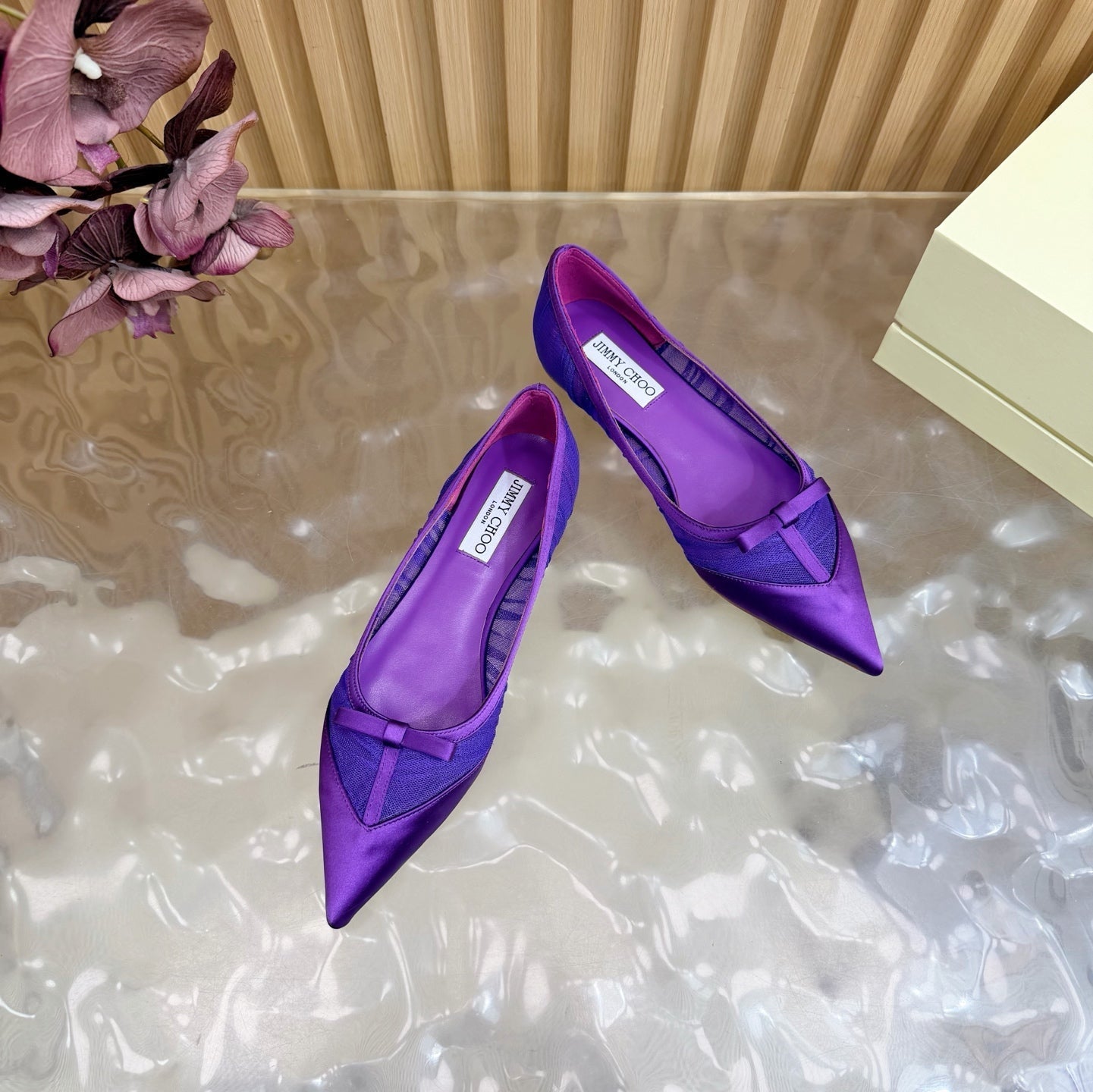 БАЛЕТКИ JIMMY CHOO 26S З ТЕМНО-ФІОЛЕТОВОГО МЕРЕЖИВА ТА АТЛАСУ