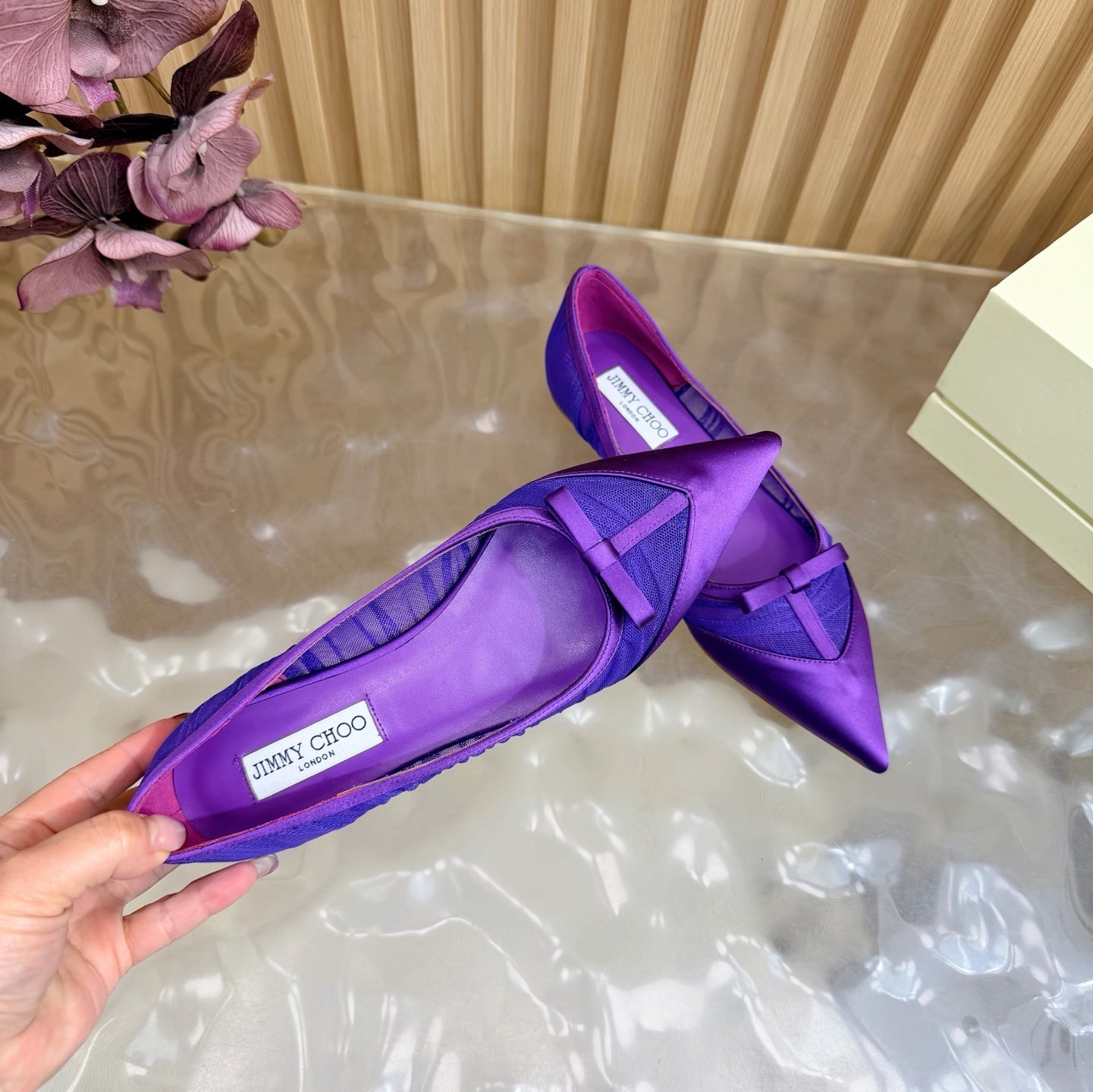 БАЛЕТКИ JIMMY CHOO 26S З ТЕМНО-ФІОЛЕТОВОГО МЕРЕЖИВА ТА АТЛАСУ