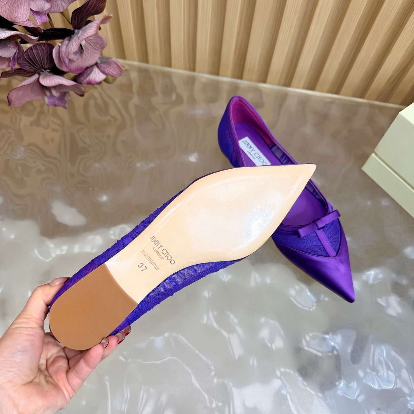 БАЛЕТКИ JIMMY CHOO 26S З ТЕМНО-ФІОЛЕТОВОГО МЕРЕЖИВА ТА АТЛАСУ