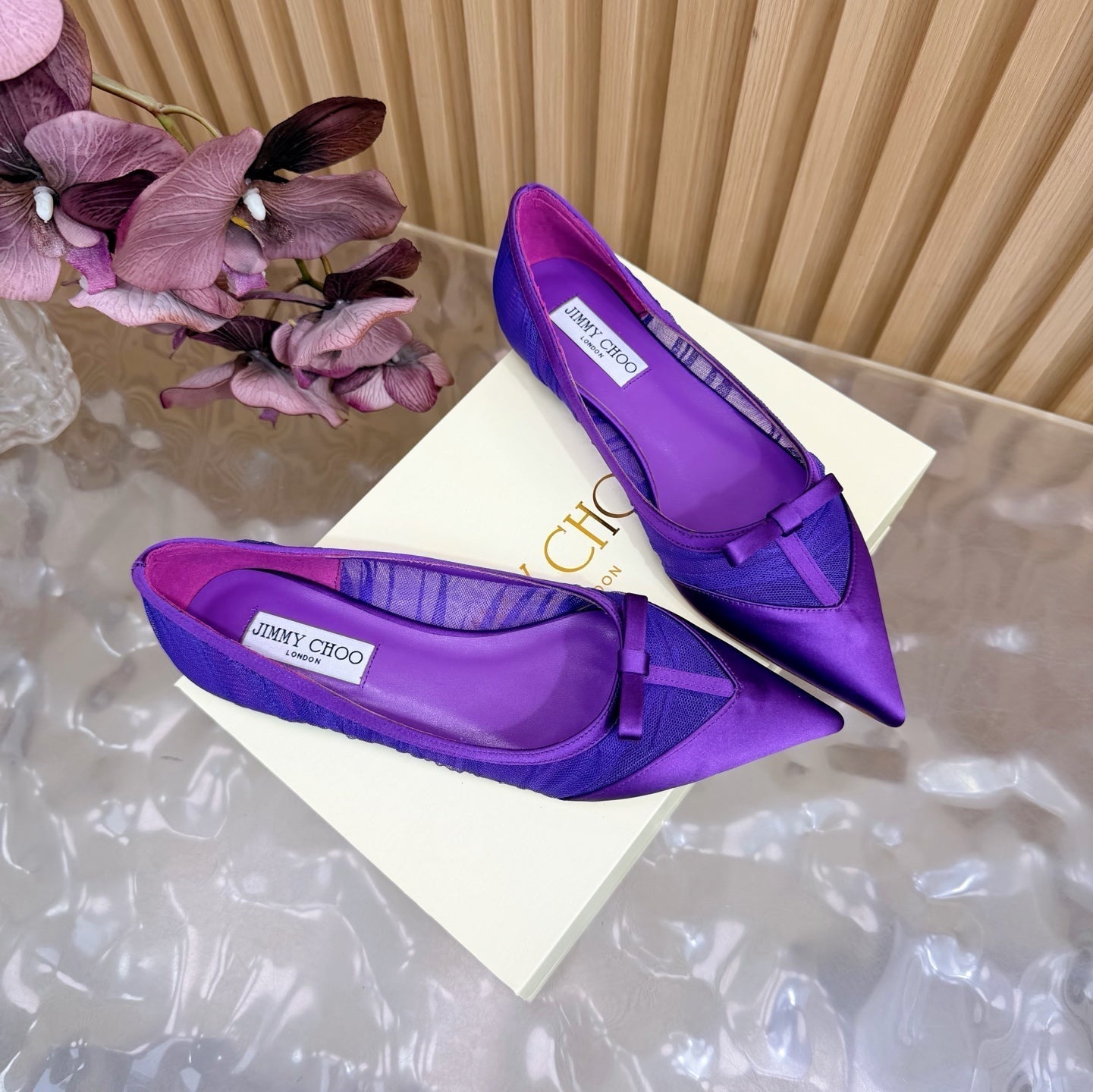 БАЛЕТКИ JIMMY CHOO 26S З ТЕМНО-ФІОЛЕТОВОГО МЕРЕЖИВА ТА АТЛАСУ