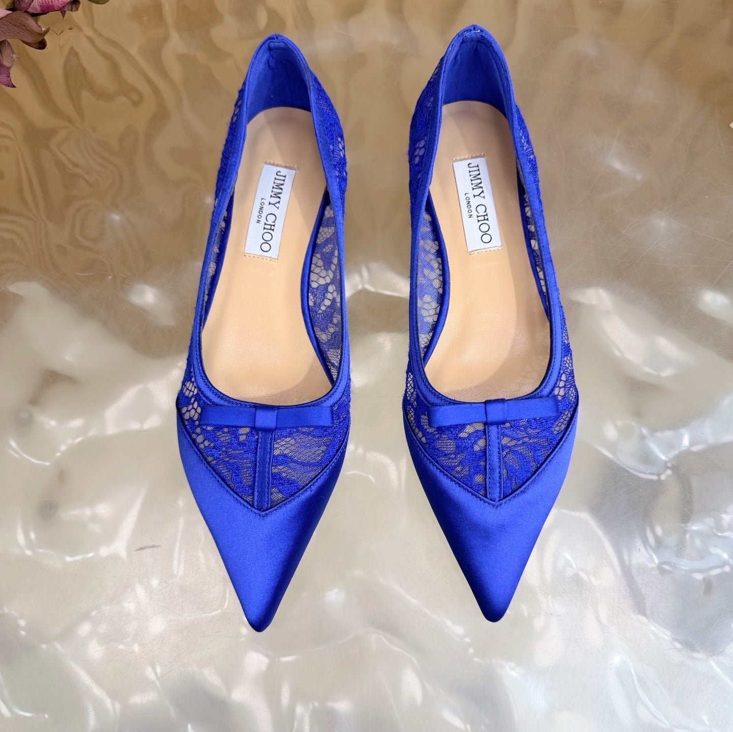 ТУФЛІ-БАЛЕТКИ JIMMY CHOO 26S З ТЕМНО-СИНЬОГО МЕРЕЖИВА ТА АТЛАСУ