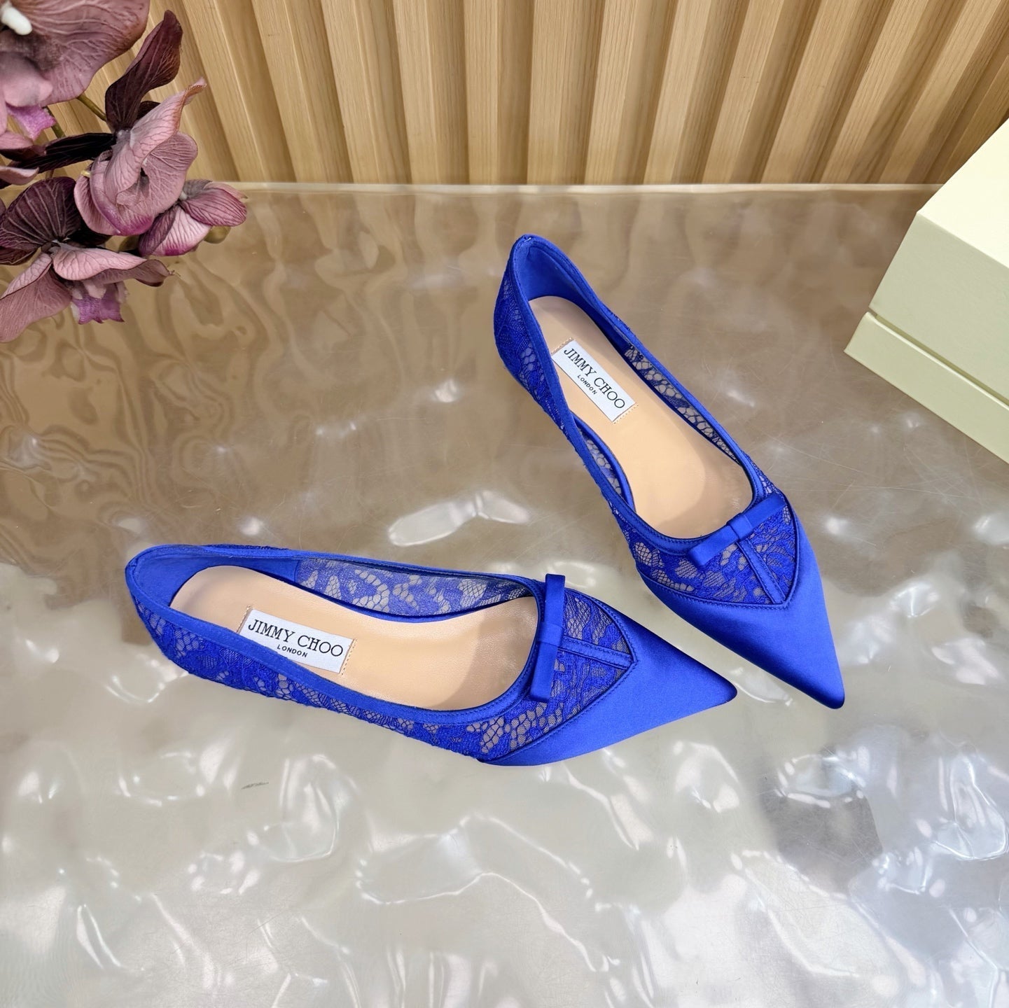 ТУФЛІ-БАЛЕТКИ JIMMY CHOO 26S З ТЕМНО-СИНЬОГО МЕРЕЖИВА ТА АТЛАСУ