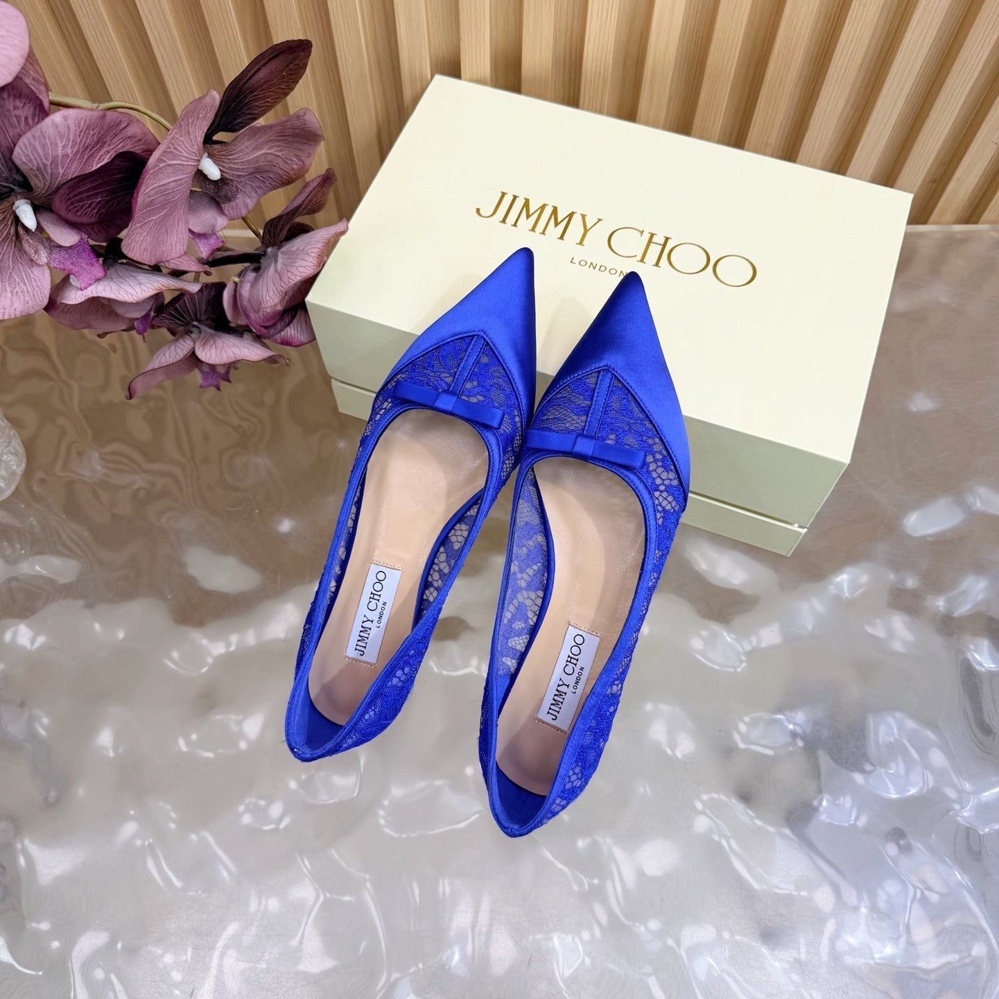 ТУФЛІ-БАЛЕТКИ JIMMY CHOO 26S З ТЕМНО-СИНЬОГО МЕРЕЖИВА ТА АТЛАСУ