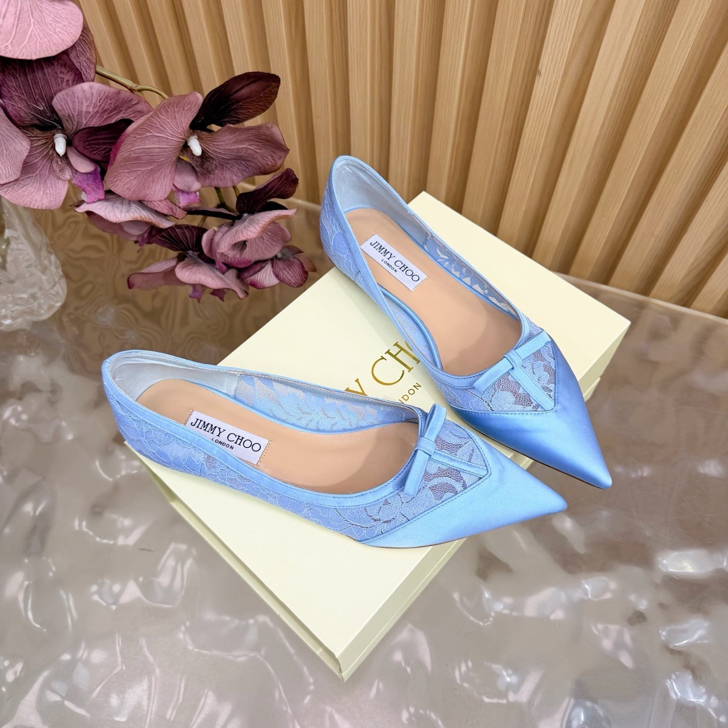 БАЛЕТКИ JIMMY CHOO 26S З БЛАКИТНОГО МЕРЕЖИВА ТА АТЛАСУ