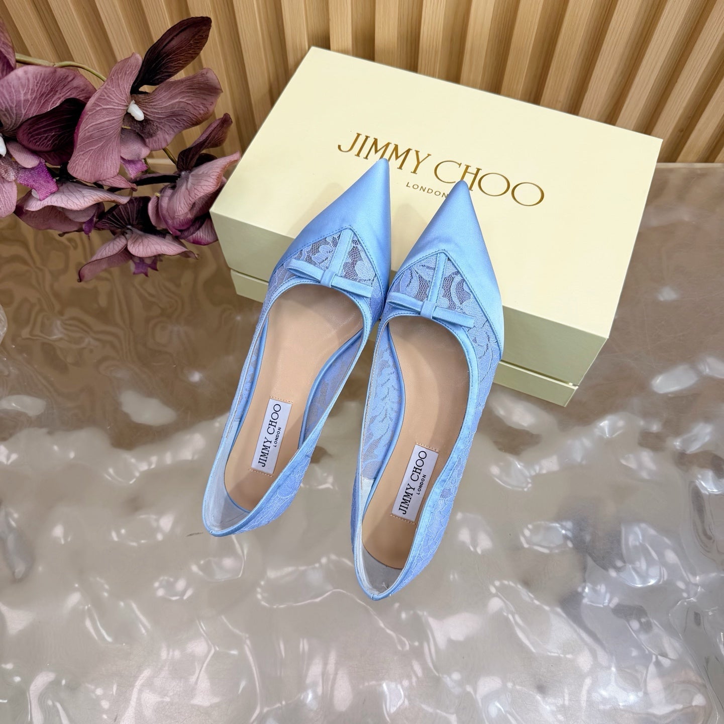 БАЛЕТКИ JIMMY CHOO 26S З БЛАКИТНОГО МЕРЕЖИВА ТА АТЛАСУ