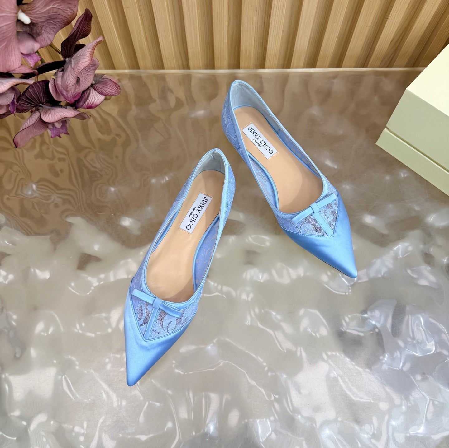 БАЛЕТКИ JIMMY CHOO 26S З БЛАКИТНОГО МЕРЕЖИВА ТА АТЛАСУ
