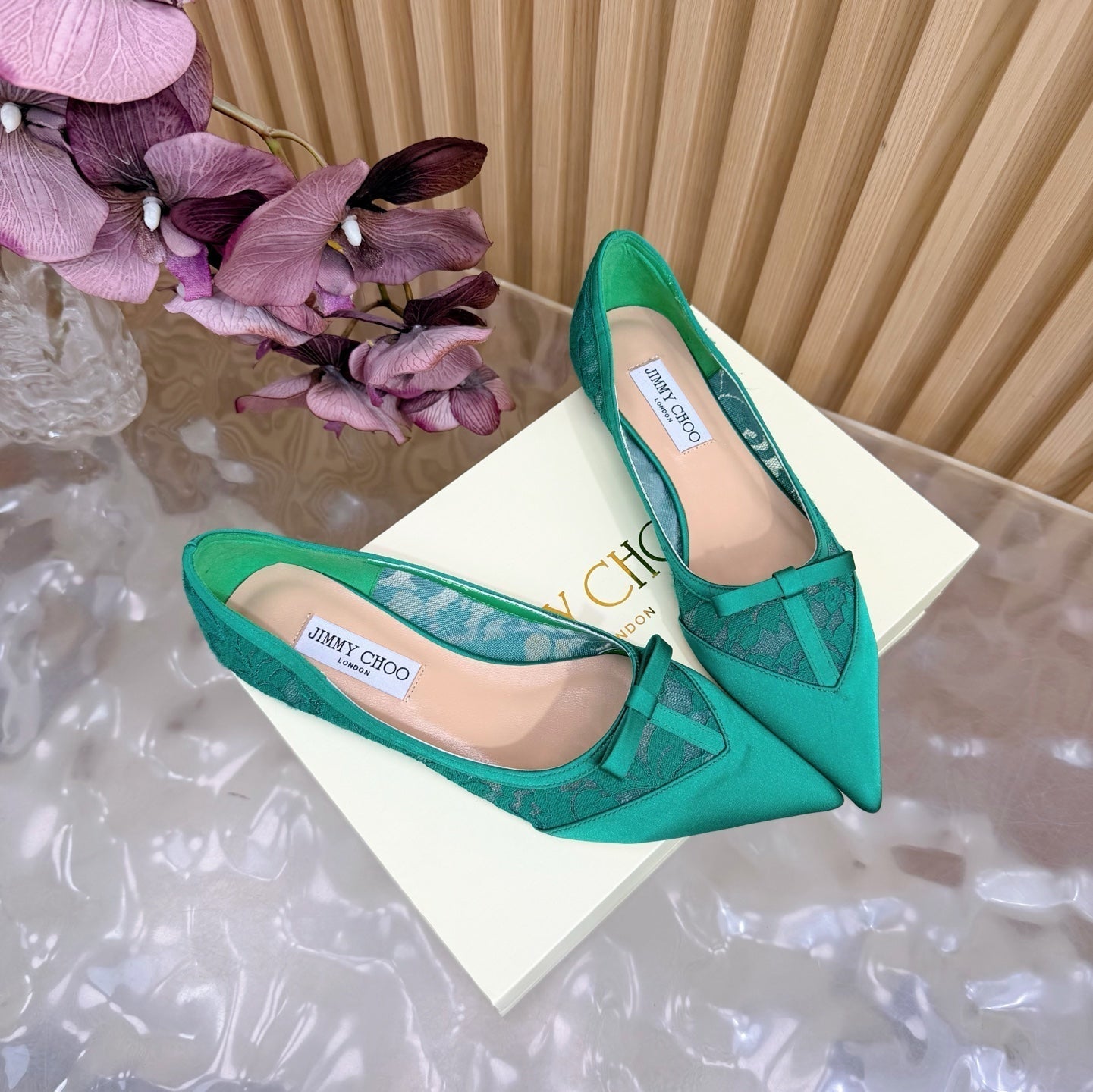 Балетки JIMMY CHOO 26S із зеленого мережива та атласу