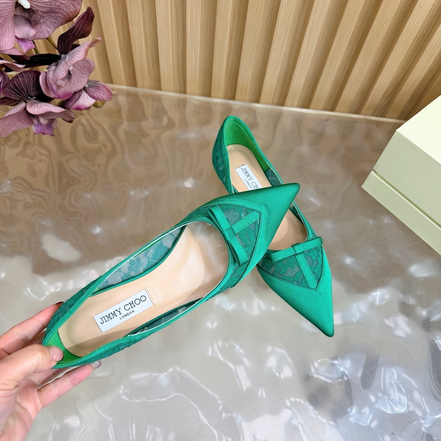 Балетки JIMMY CHOO 26S із зеленого мережива та атласу