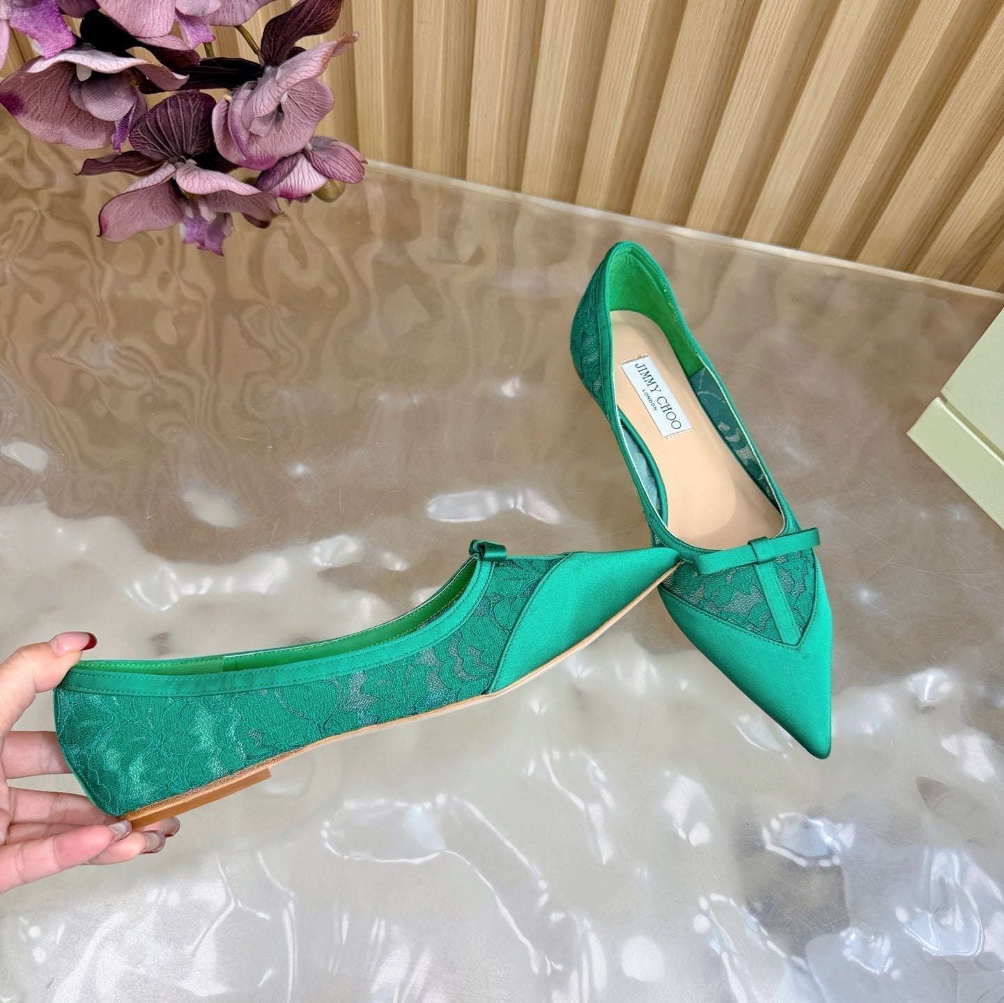 Балетки JIMMY CHOO 26S із зеленого мережива та атласу