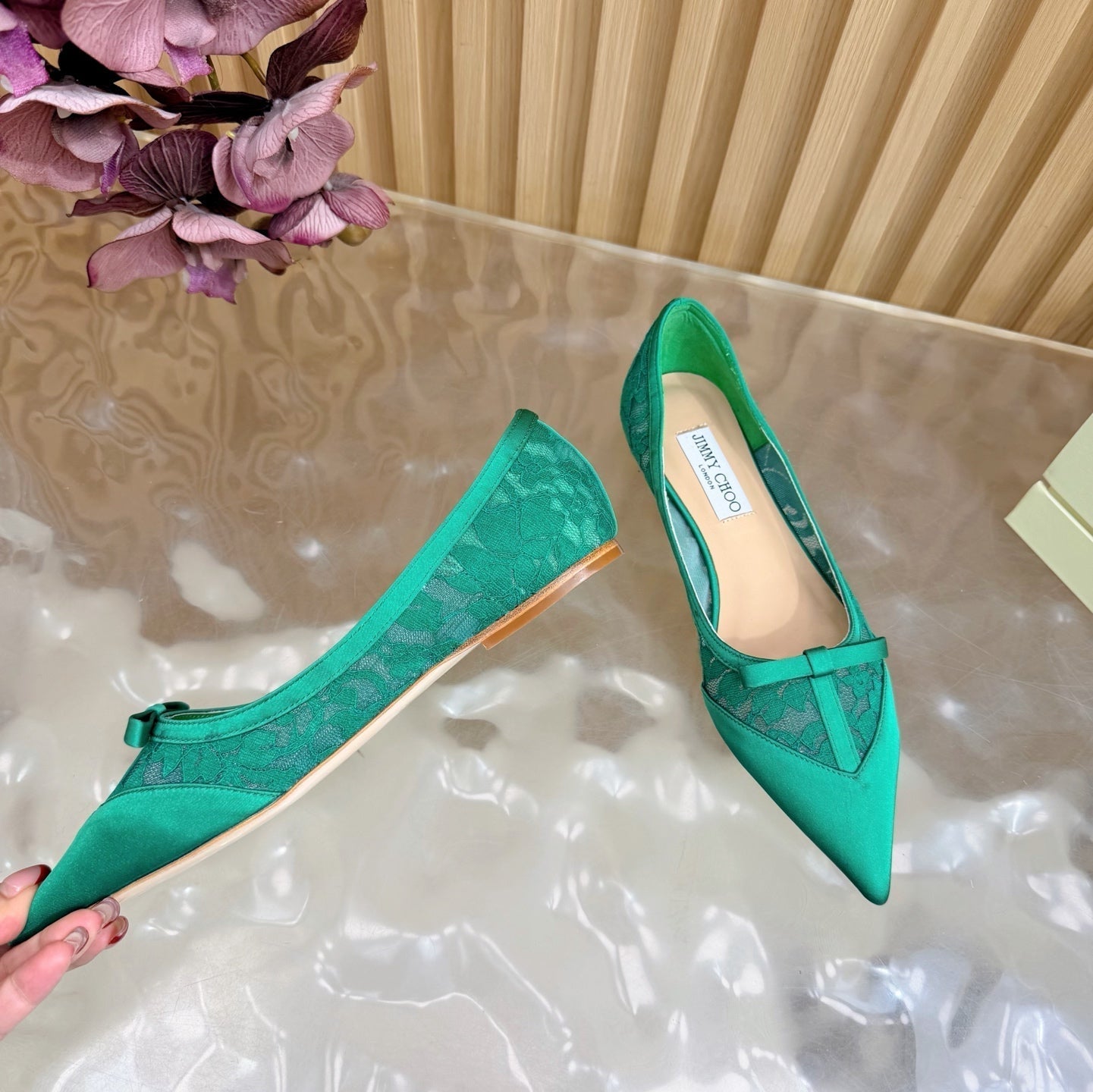 Балетки JIMMY CHOO 26S із зеленого мережива та атласу