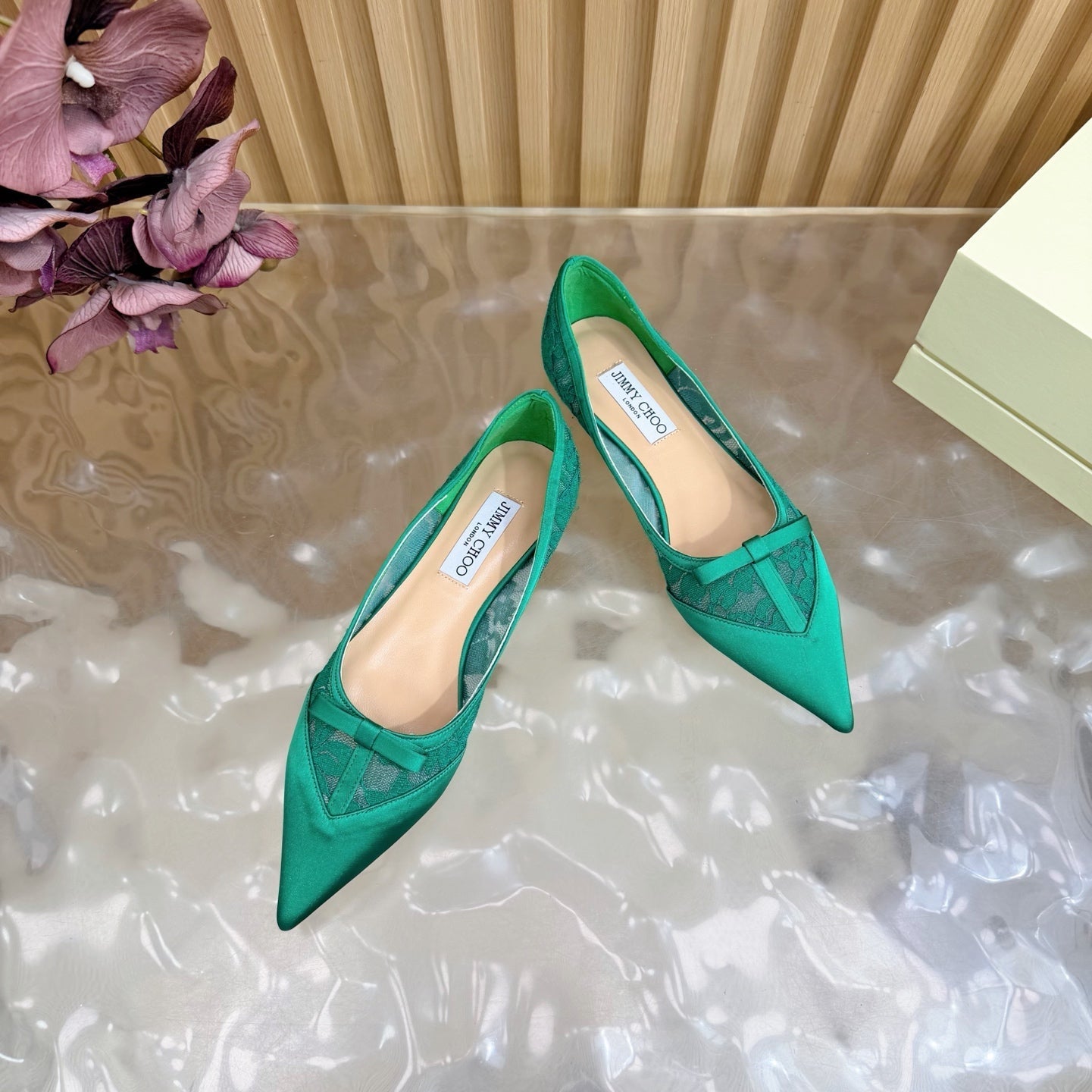 Балетки JIMMY CHOO 26S із зеленого мережива та атласу