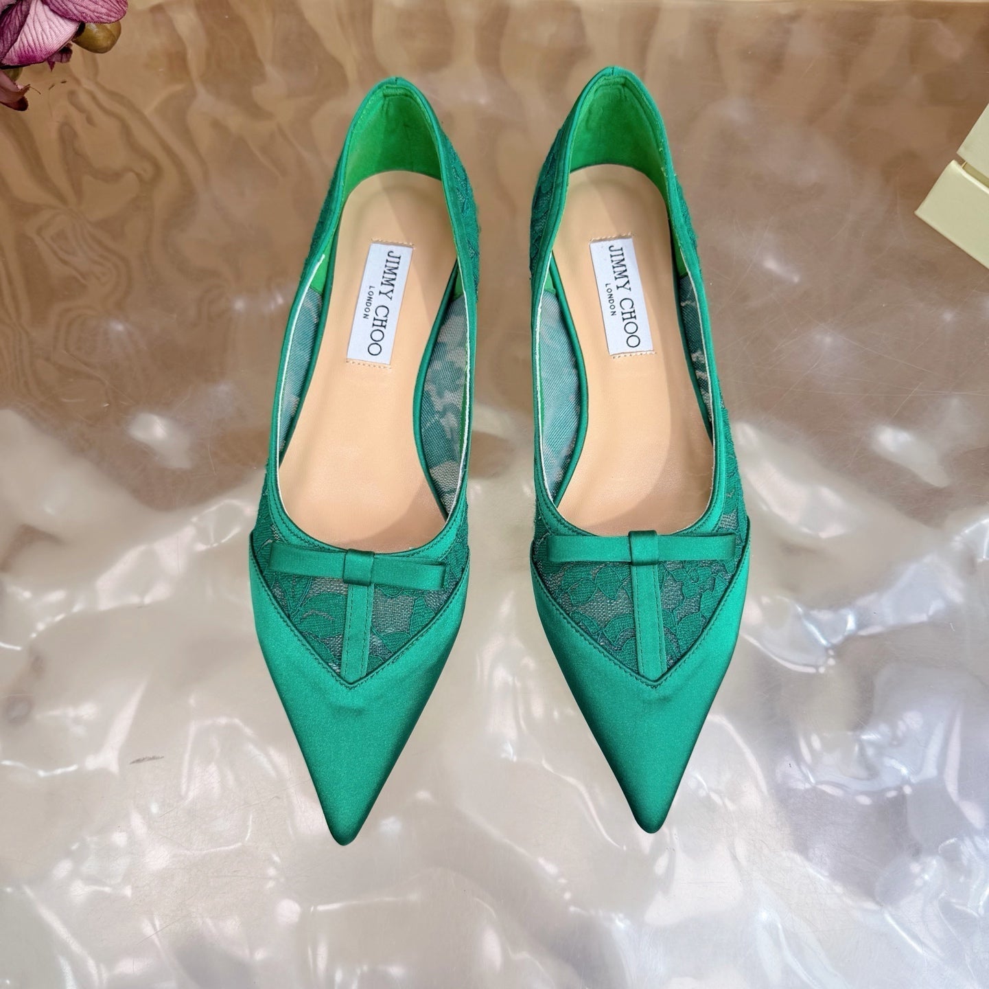 Балетки JIMMY CHOO 26S із зеленого мережива та атласу