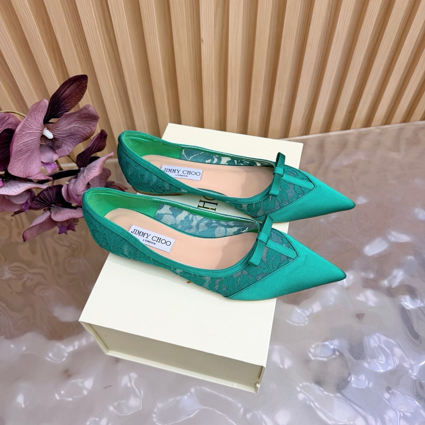 Балетки JIMMY CHOO 26S із зеленого мережива та атласу
