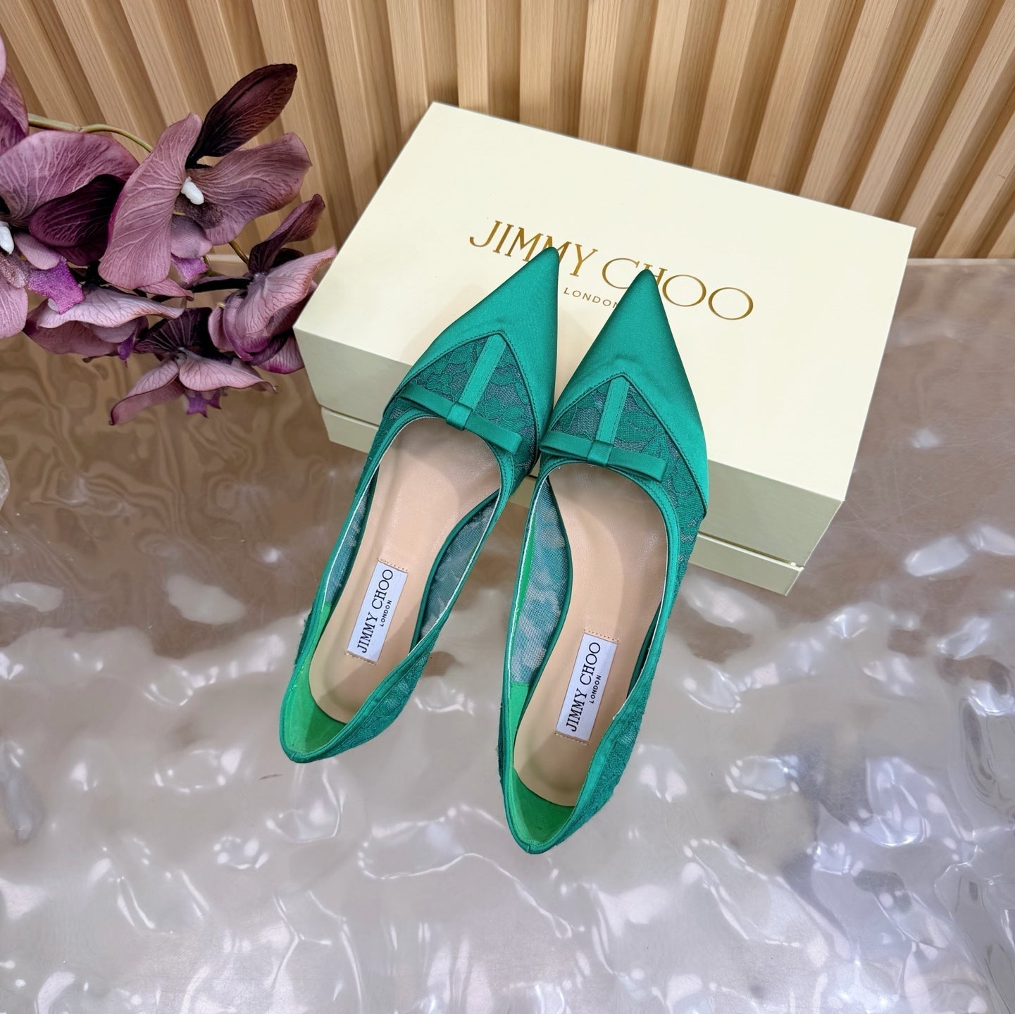 Балетки JIMMY CHOO 26S із зеленого мережива та атласу
