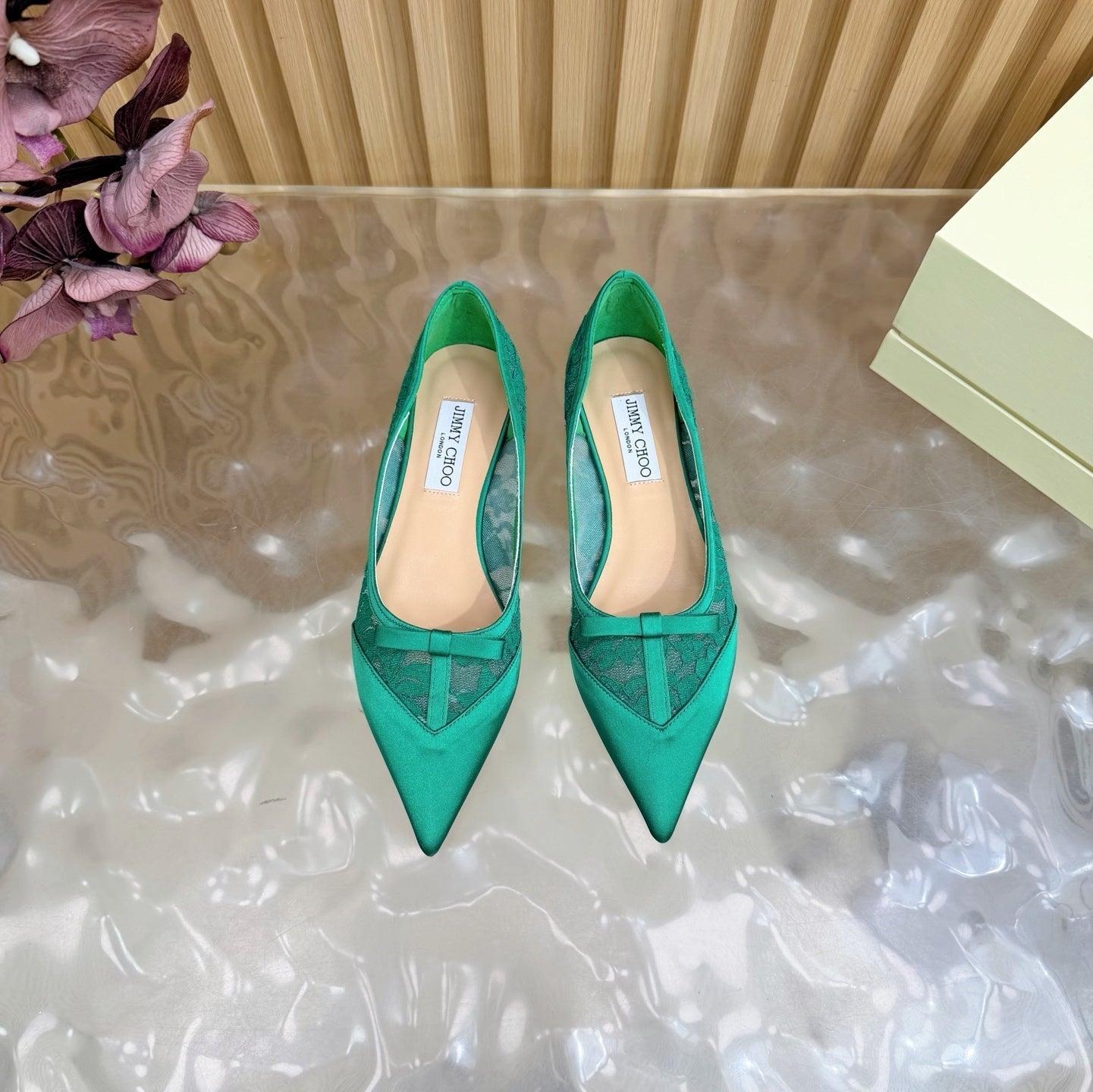 Балетки JIMMY CHOO 26S із зеленого мережива та атласу