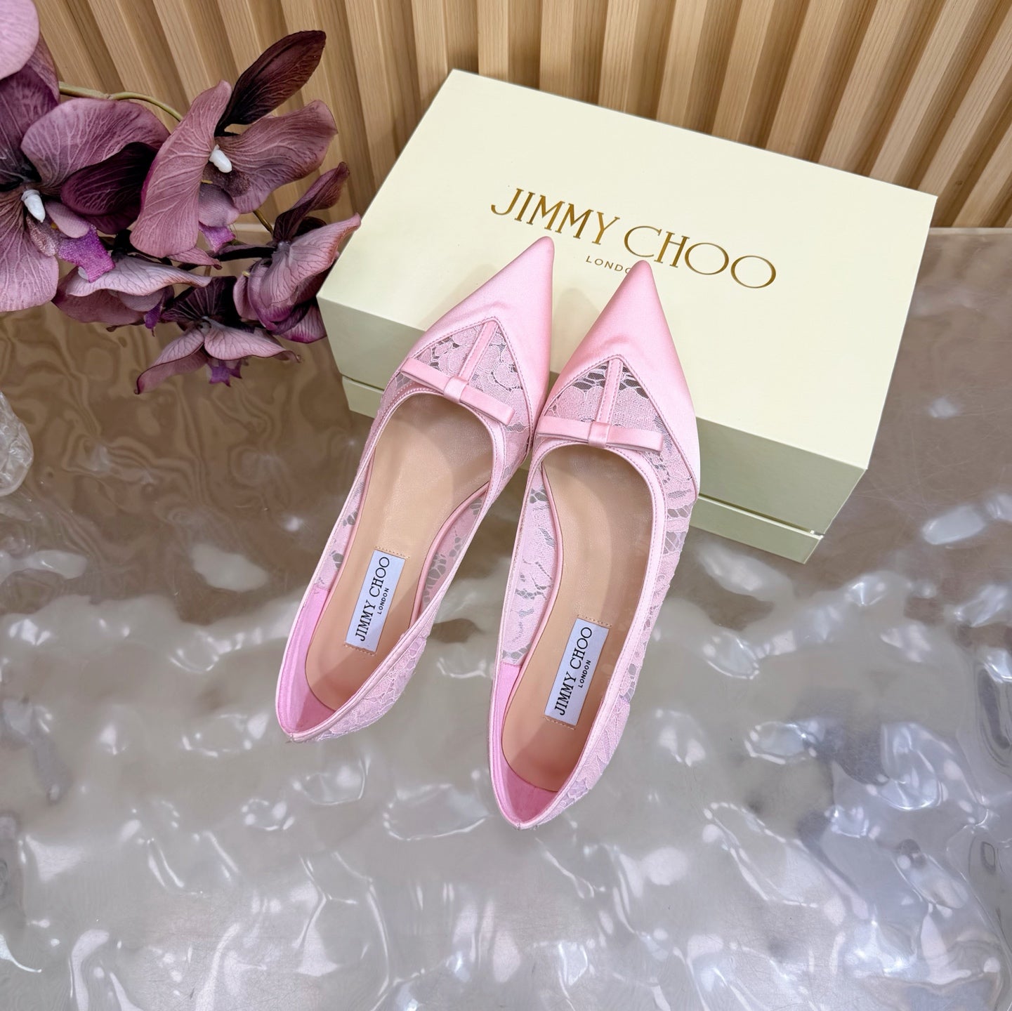 Балетки JIMMY CHOO 26S з мережива та атласу світло-рожевого кольору