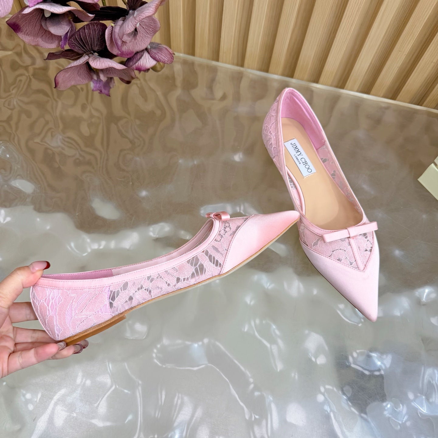 Балетки JIMMY CHOO 26S з мережива та атласу світло-рожевого кольору
