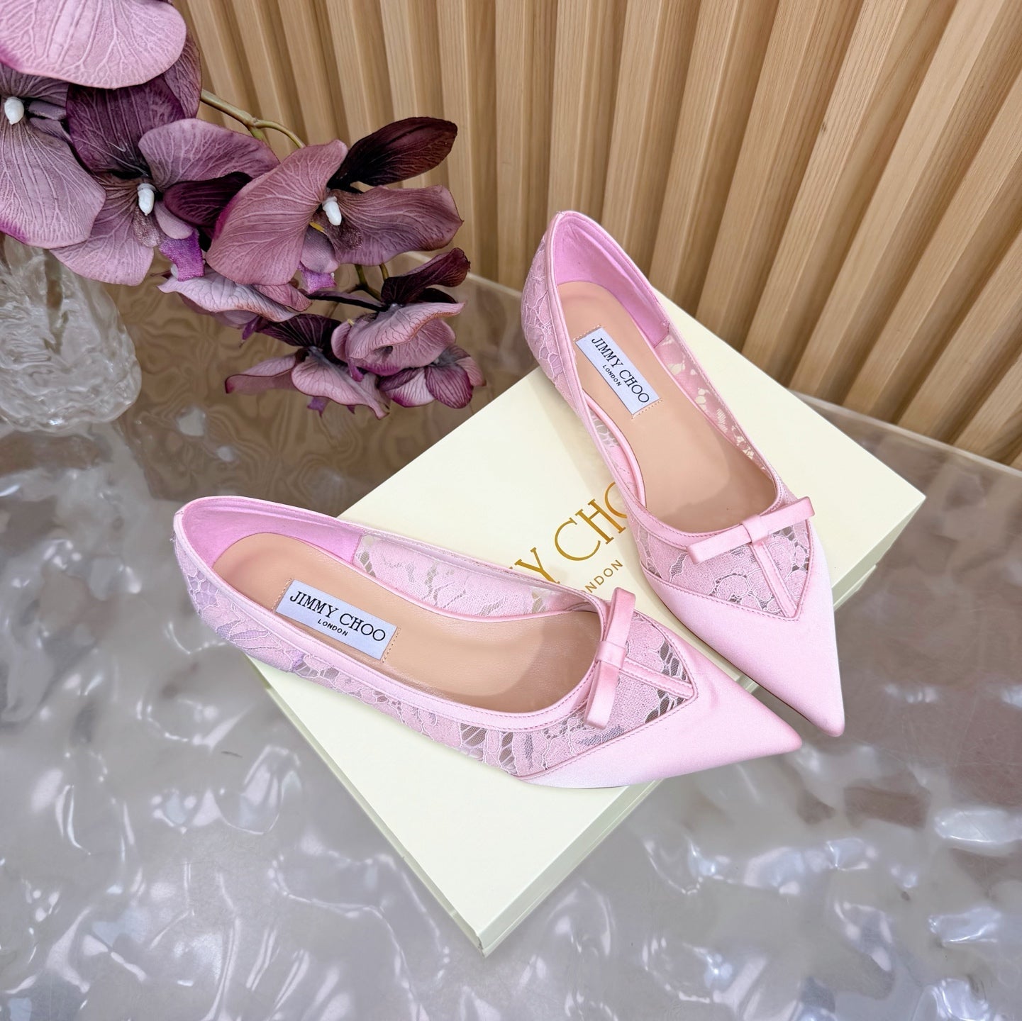 Балетки JIMMY CHOO 26S з мережива та атласу світло-рожевого кольору