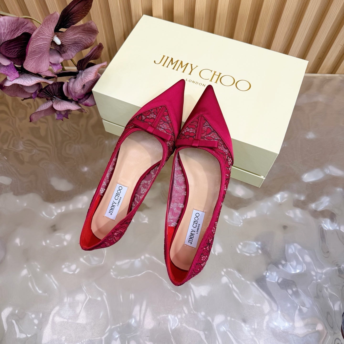 ЖІНОЧІ БАЛЕТКИ JIMMY CHOO 26S З ЧЕРВОНОГО МЕРЕЖИВА ТА АТЛАСУ