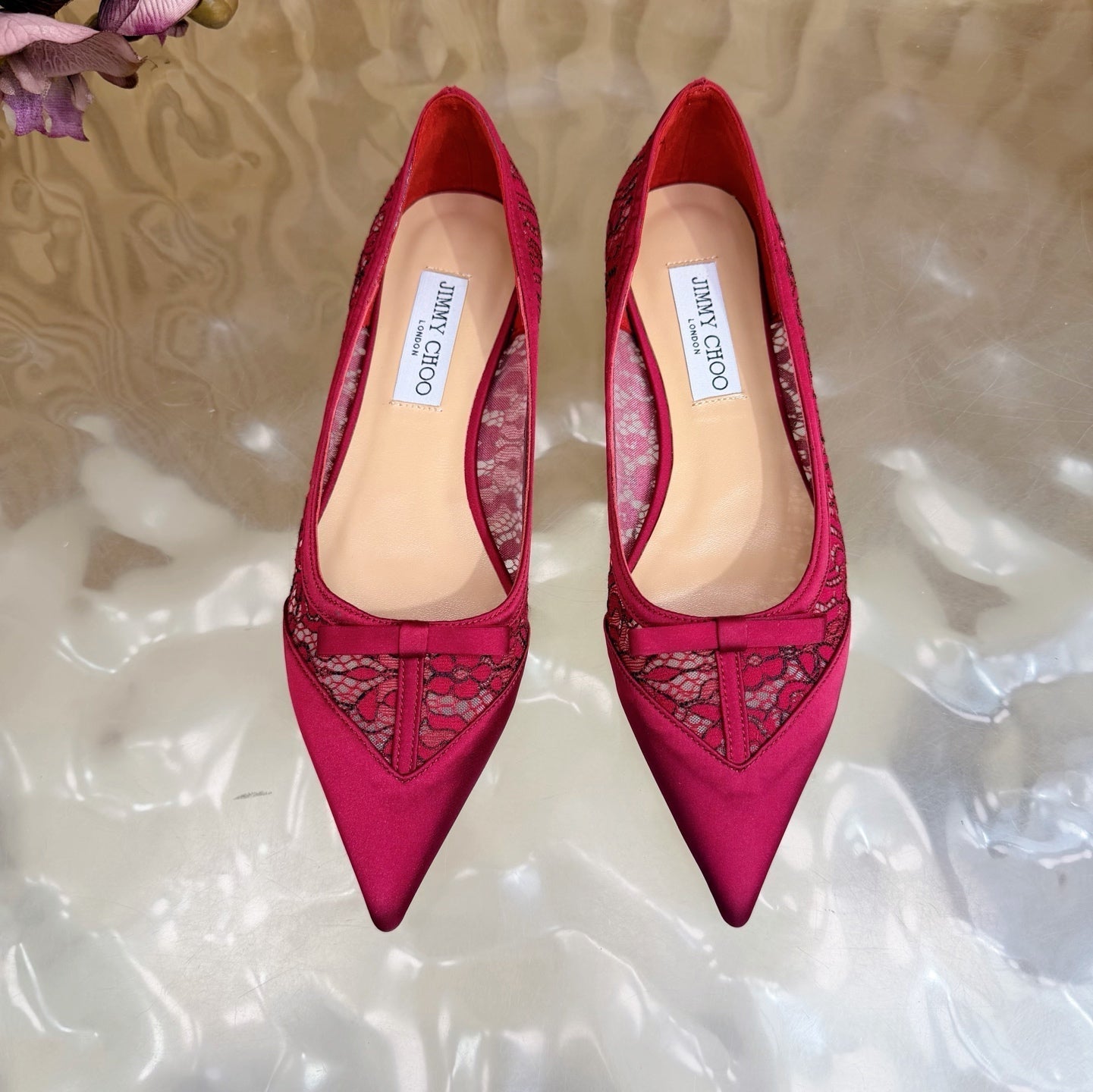 ЖІНОЧІ БАЛЕТКИ JIMMY CHOO 26S З ЧЕРВОНОГО МЕРЕЖИВА ТА АТЛАСУ