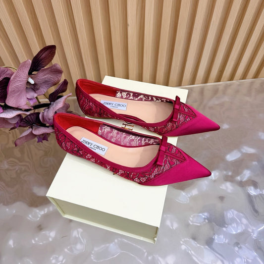 ЖІНОЧІ БАЛЕТКИ JIMMY CHOO 26S З ЧЕРВОНОГО МЕРЕЖИВА ТА АТЛАСУ