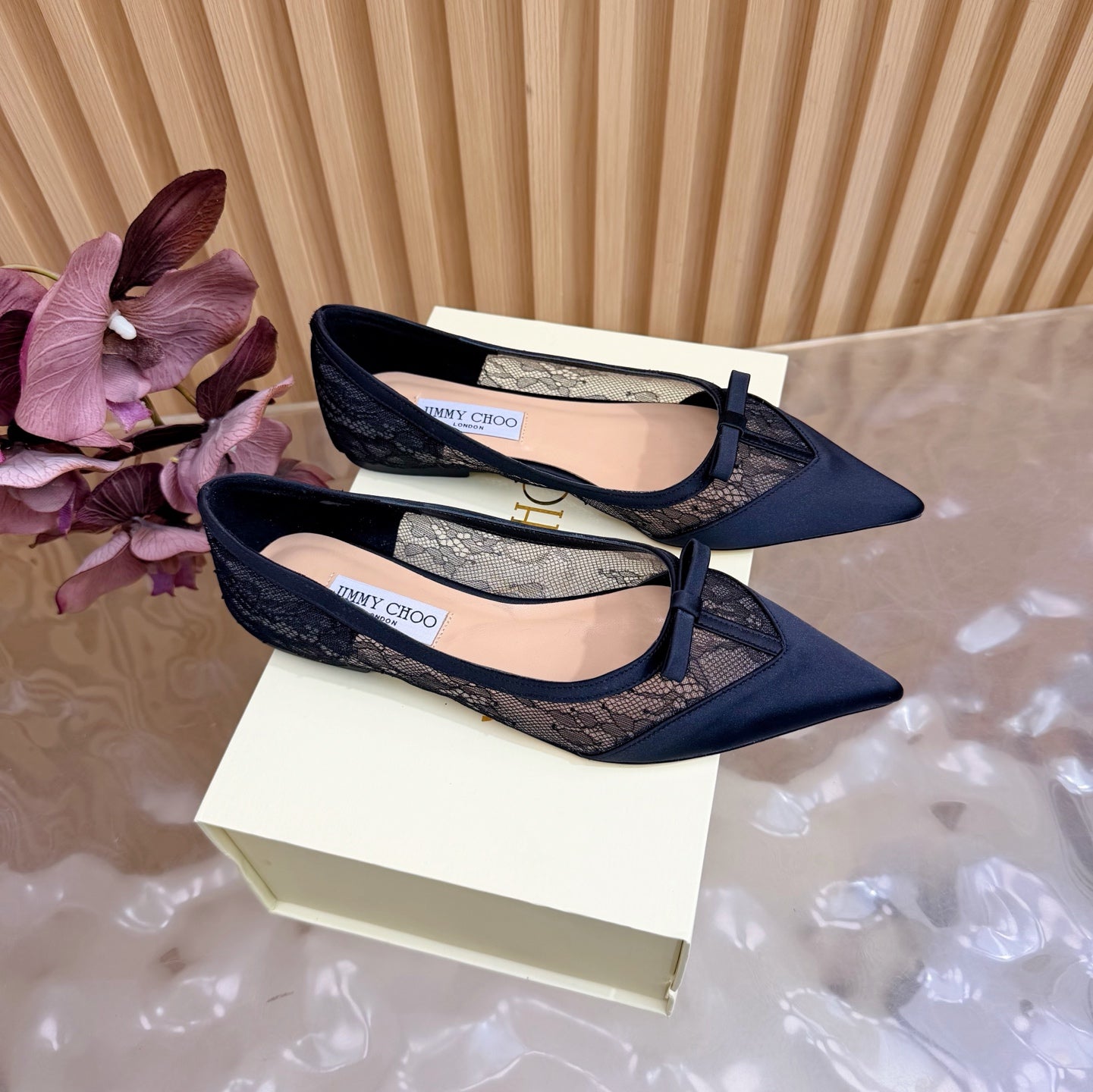 БАЛЕТКИ JIMMY CHOO 26S З ЧОРНОГО МЕРЕЖИВА ТА АТЛАСУ