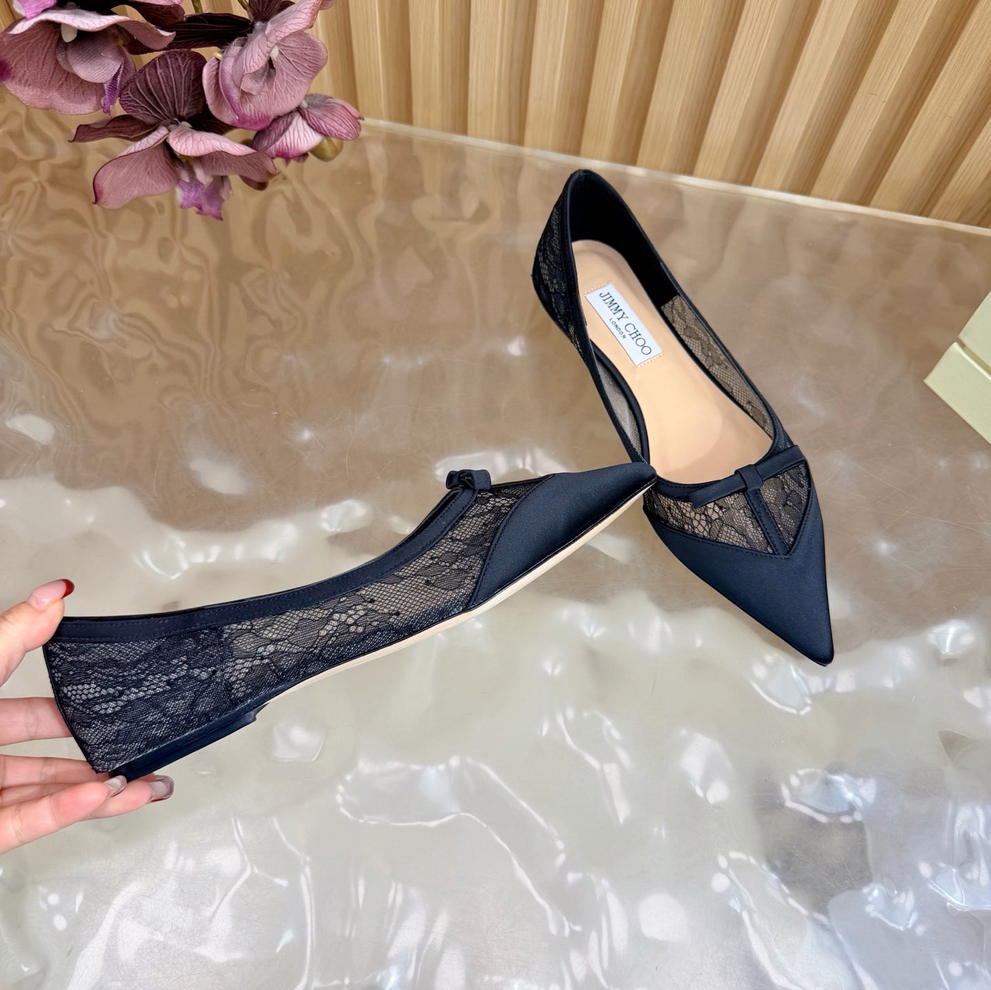 БАЛЕТКИ JIMMY CHOO 26S З ЧОРНОГО МЕРЕЖИВА ТА АТЛАСУ