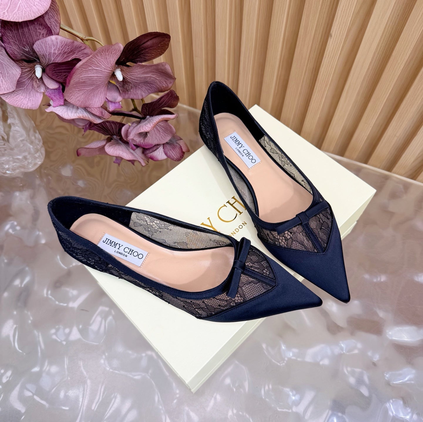 БАЛЕТКИ JIMMY CHOO 26S З ЧОРНОГО МЕРЕЖИВА ТА АТЛАСУ