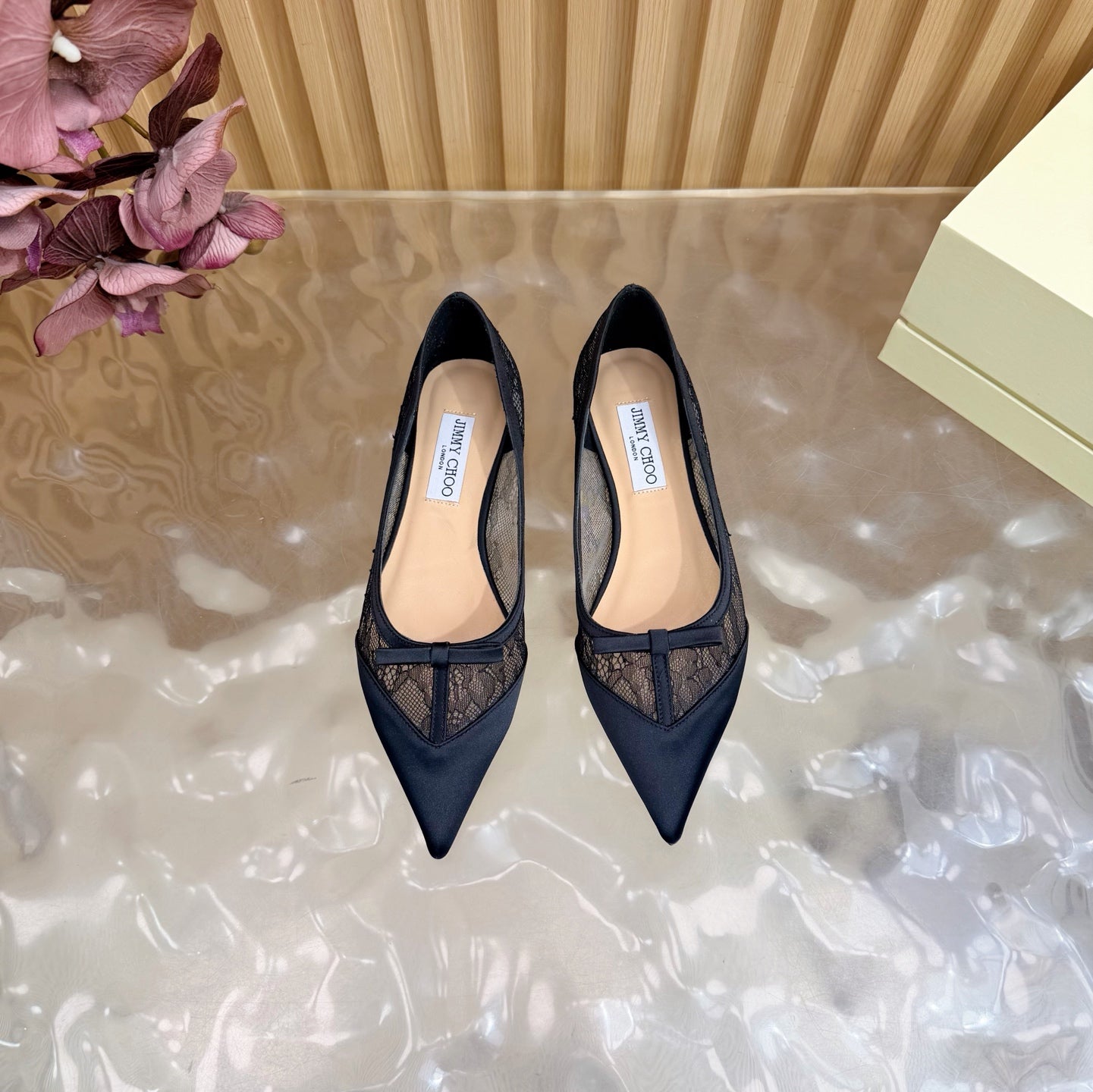 БАЛЕТКИ JIMMY CHOO 26S З ЧОРНОГО МЕРЕЖИВА ТА АТЛАСУ