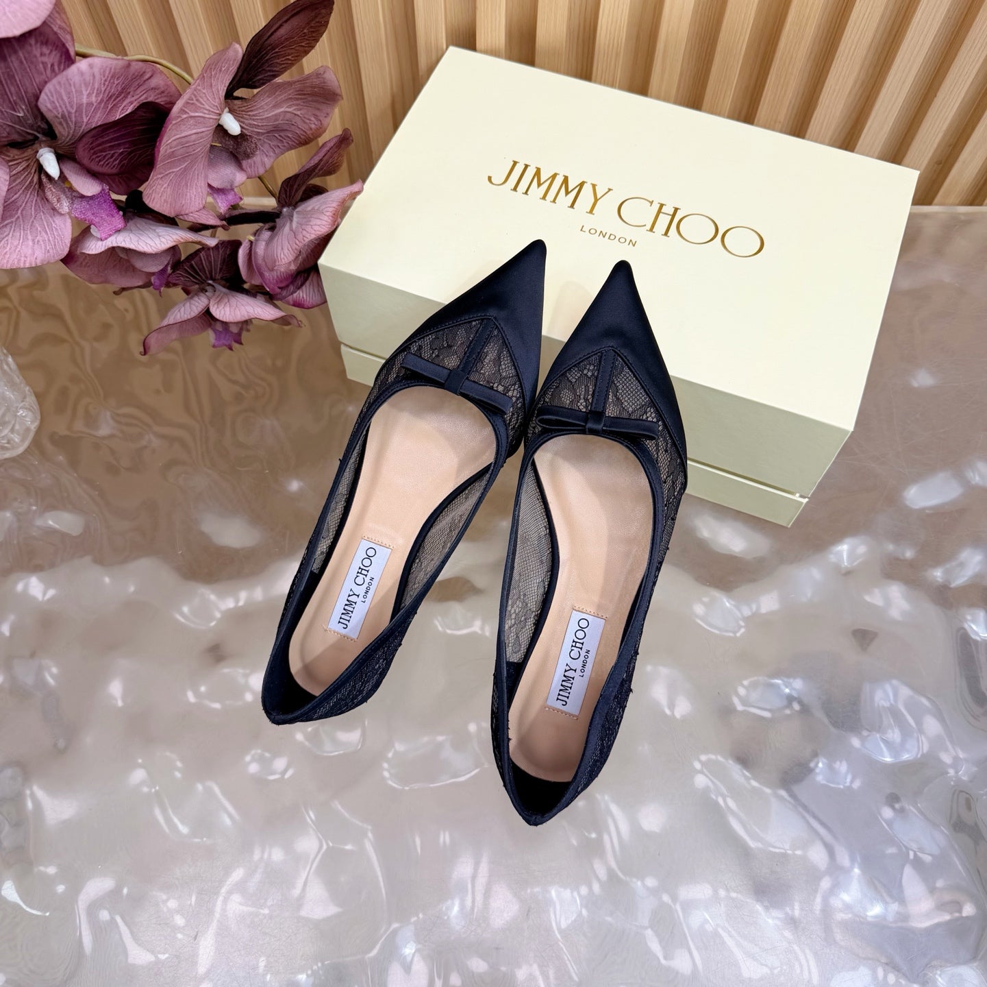 БАЛЕТКИ JIMMY CHOO 26S З ЧОРНОГО МЕРЕЖИВА ТА АТЛАСУ