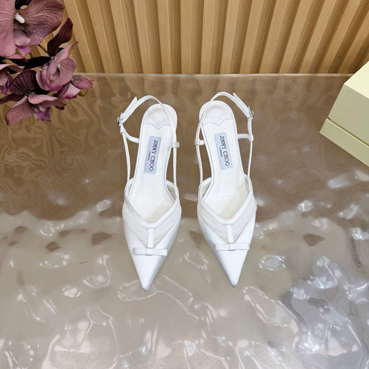 ЖІНОЧІ БОСОНІЖКИ JIMMY CHOO 26S НА ПІДБОРАХ 65 ММ З БІЛОЇ СІТКИ ТА АТЛАСУ