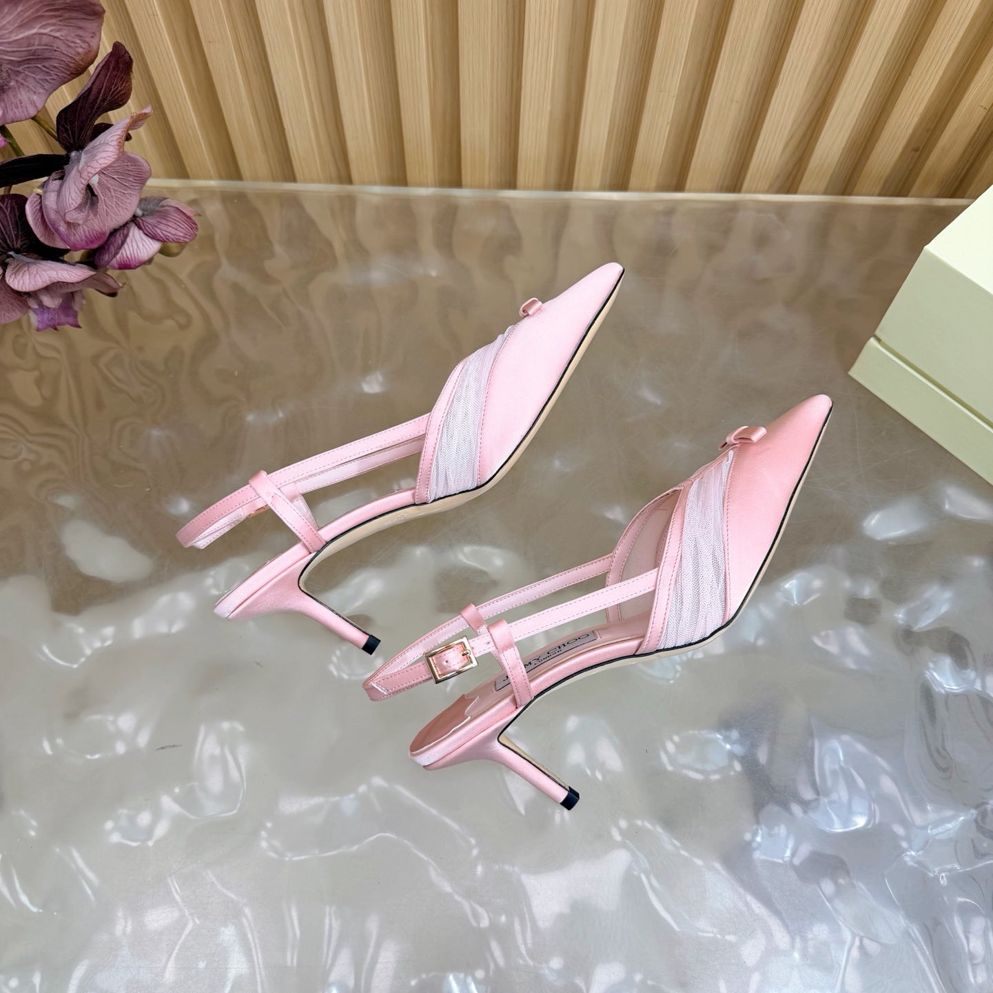 БОСОНІЖКИ JIMMY CHOO 26S СЛІНГБЕК 65 ММ ЗІ СІТКИ ТА АТЛАСУ СВІТЛО-РОЖЕВОГО КОЛЬОРУ