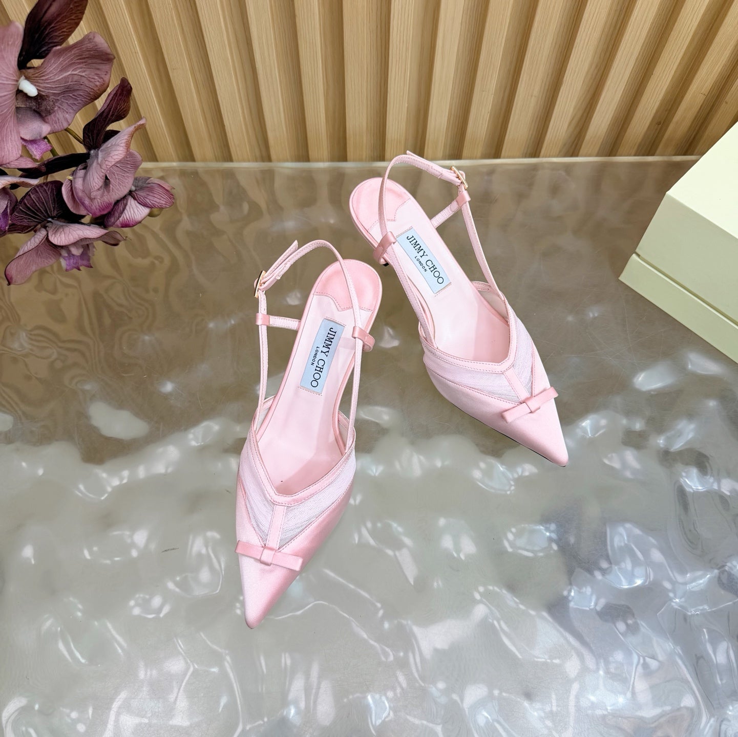 БОСОНІЖКИ JIMMY CHOO 26S СЛІНГБЕК 65 ММ ЗІ СІТКИ ТА АТЛАСУ СВІТЛО-РОЖЕВОГО КОЛЬОРУ