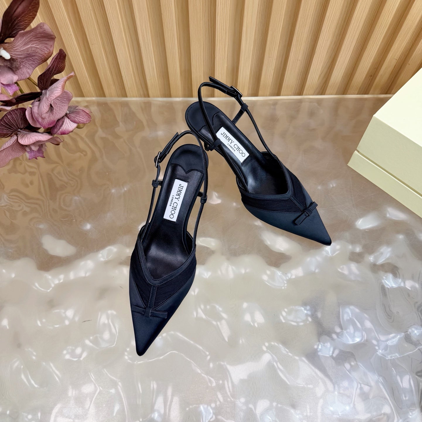 БОСОНІЖКИ-СЛІНГБЕКИ JIMMY CHOO 26S НА ПІДБОРАХ 65 ММ З ЧОРНОЇ СІТКИ ТА АТЛАСУ